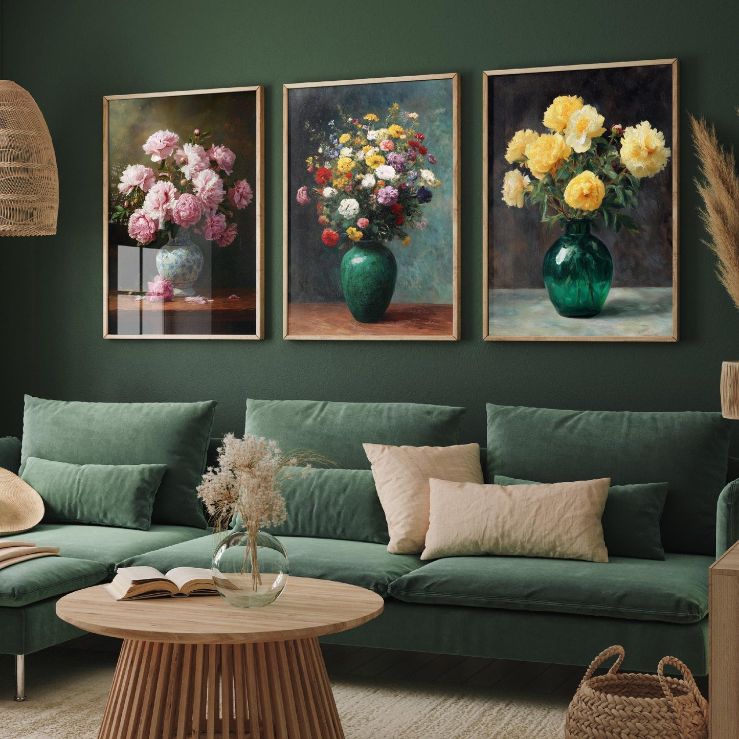 Pink Yellow Peony Painting Set of Three Art Prints - 3 Floral Bouquet Posters - Porcelain Vase Still Life Wall Art Giclee V2