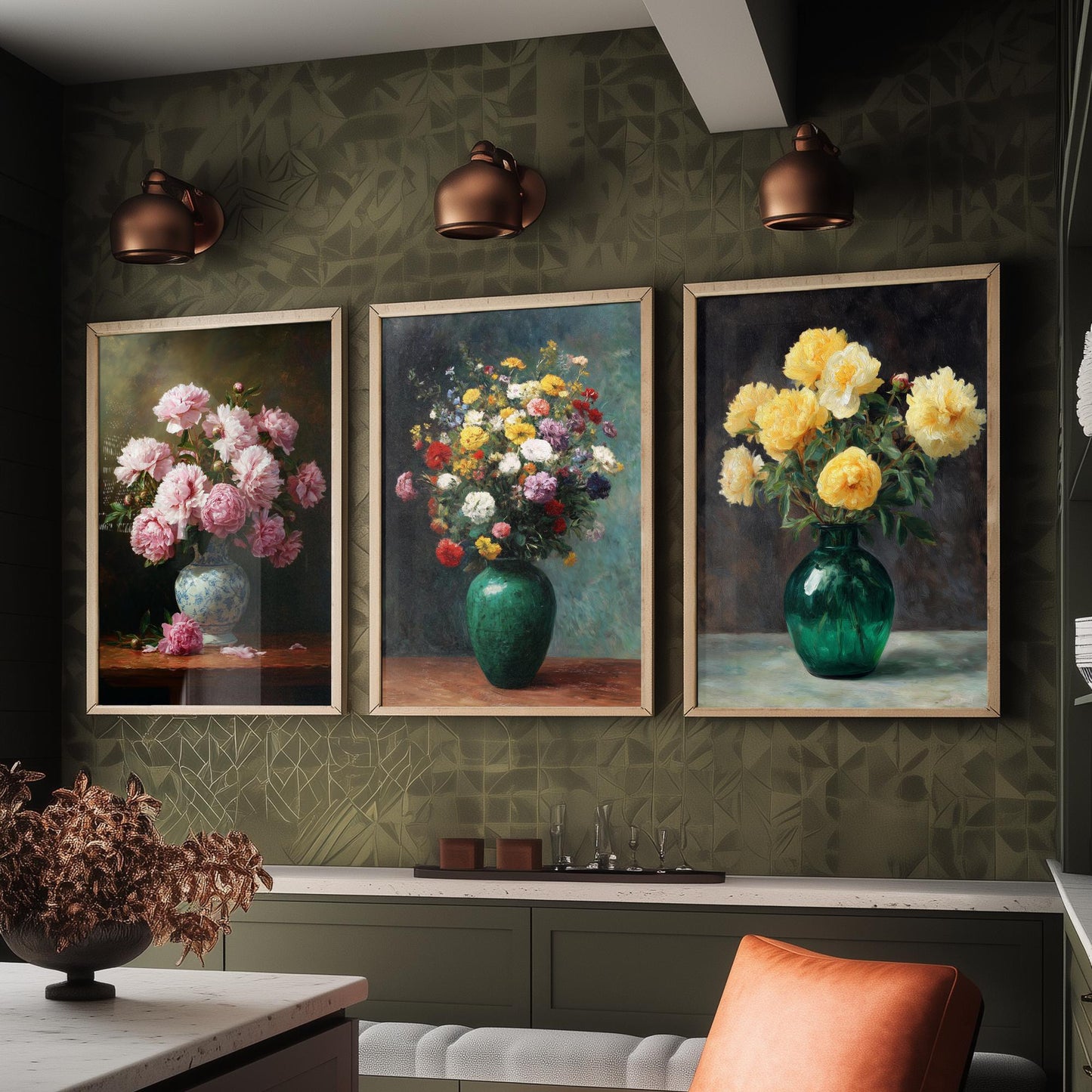 Pink Yellow Peony Painting Set of Three Art Prints - 3 Floral Bouquet Posters - Porcelain Vase Still Life Wall Art Giclee V2