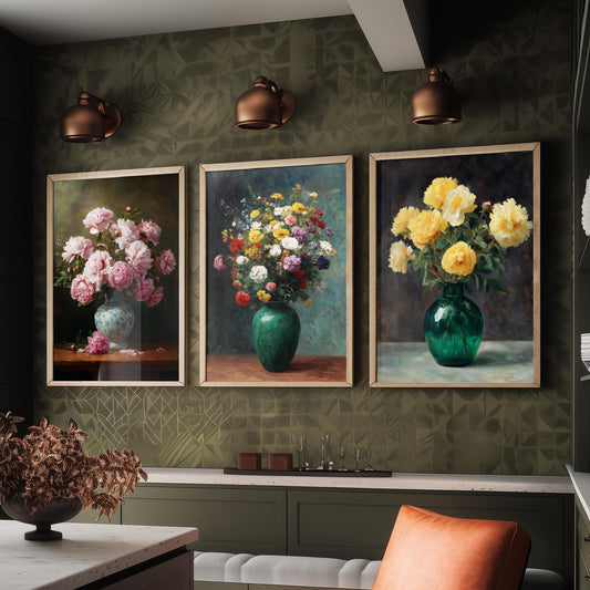 Pink Yellow Peony Painting Set of Three Art Prints - 3 Floral Bouquet Posters - Porcelain Vase Still Life Wall Art Giclee V2