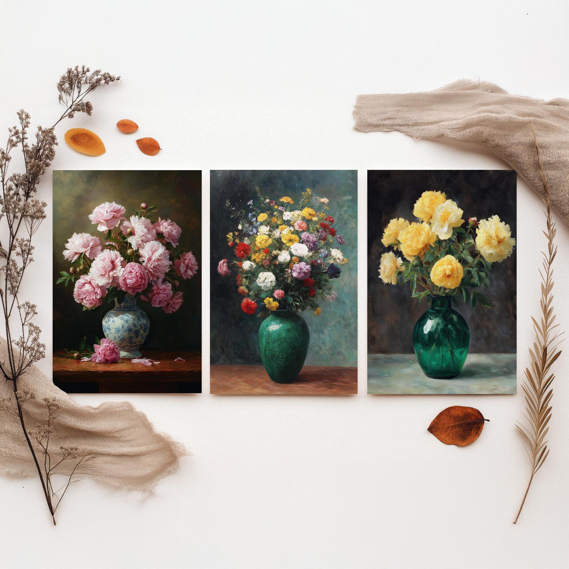 Pink Yellow Peony Painting Set of Three Art Prints - 3 Floral Bouquet Posters - Porcelain Vase Still Life Wall Art Giclee V2