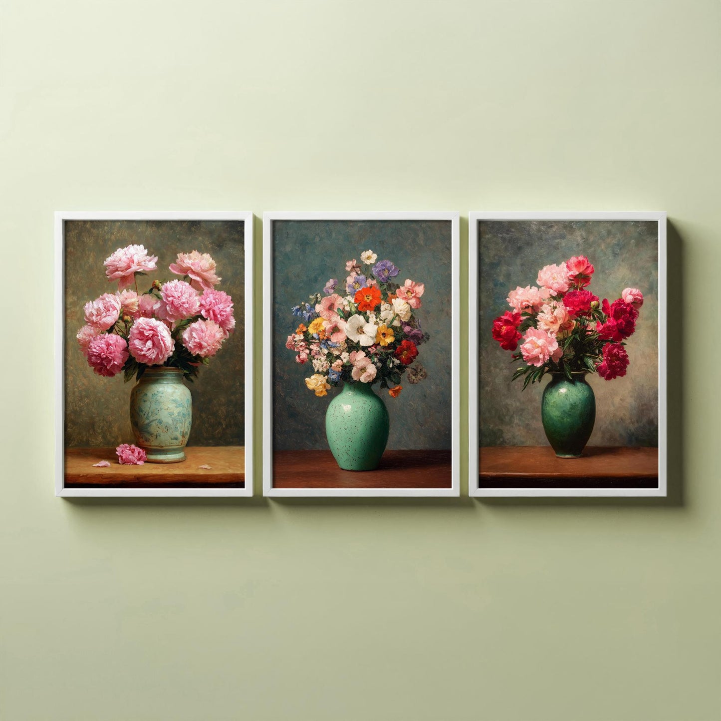 Pink Peony Painting Set of Three Art Prints - 3 Botanical Still Life Posters - Crimson Blooms Green Vase Wall Art Giclee V3