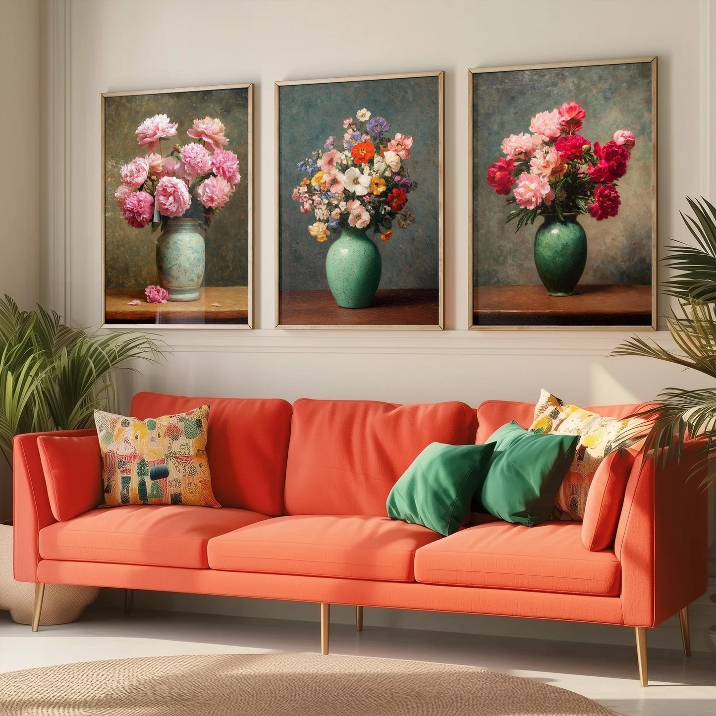 Pink Peony Painting Set of Three Art Prints - 3 Botanical Still Life Posters - Crimson Blooms Green Vase Wall Art Giclee V3