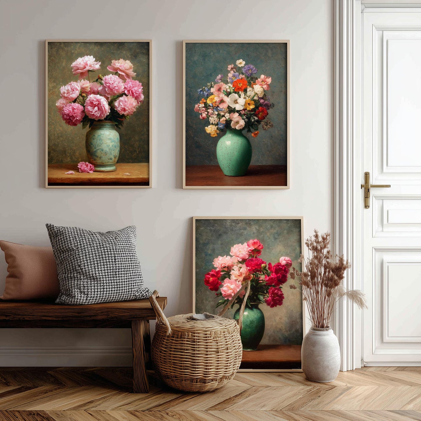 Pink Peony Painting Set of Three Art Prints - 3 Botanical Still Life Posters - Crimson Blooms Green Vase Wall Art Giclee V3