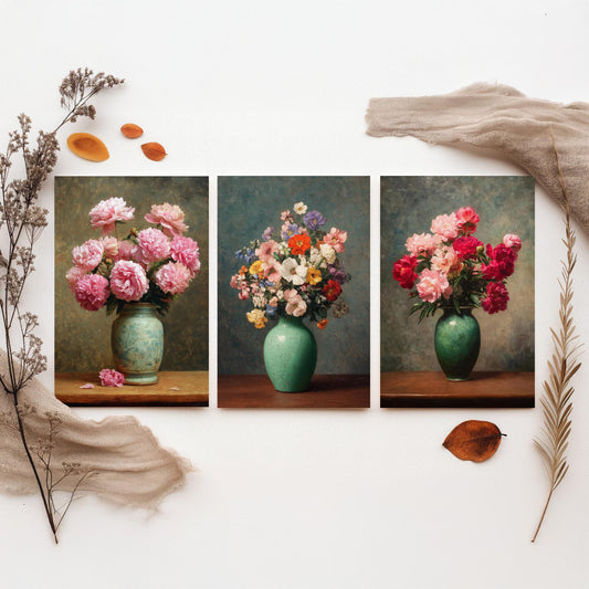Pink Peony Painting Set of Three Art Prints - 3 Botanical Still Life Posters - Crimson Blooms Green Vase Wall Art Giclee V3