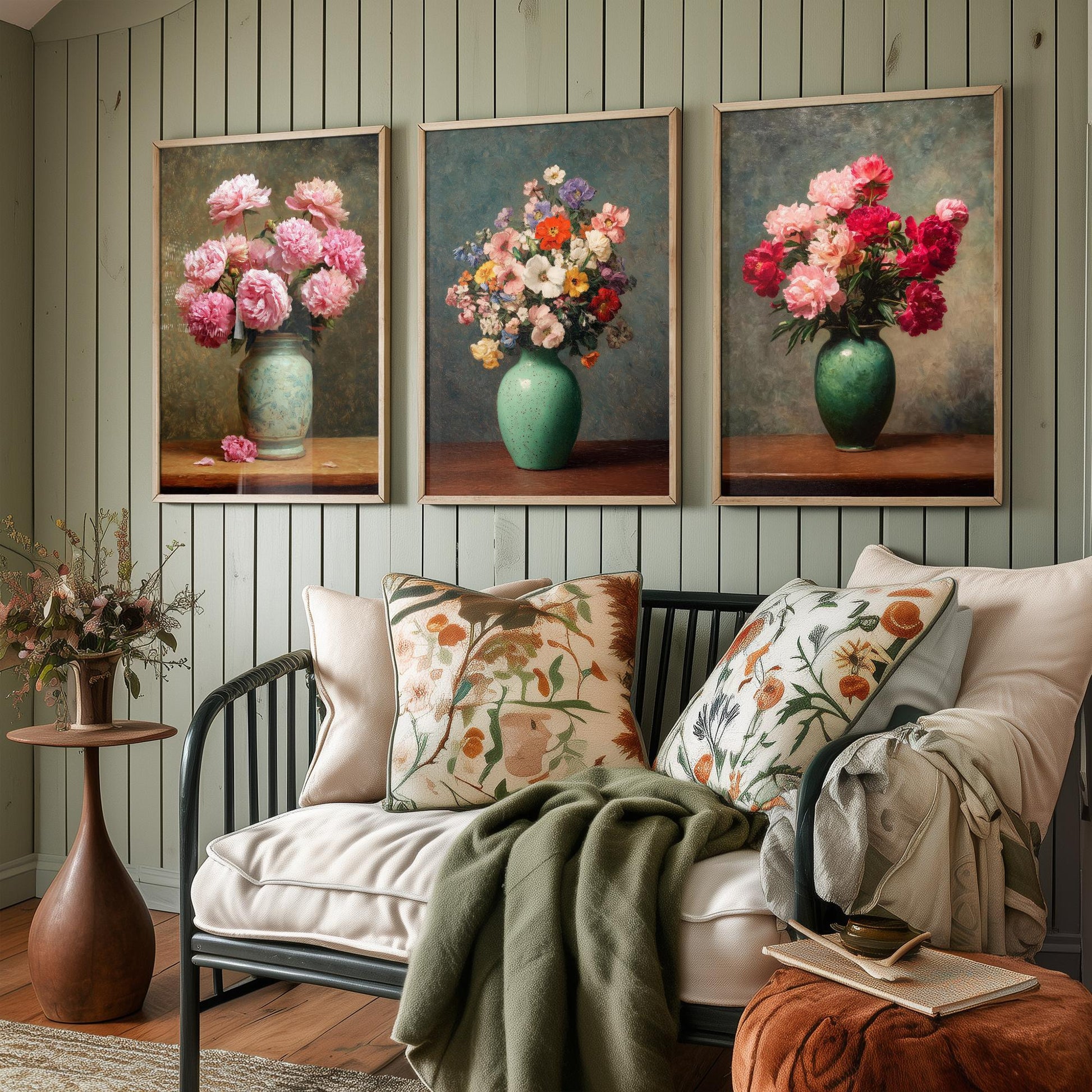 Pink Peony Painting Set of Three Art Prints - 3 Botanical Still Life Posters - Crimson Blooms Green Vase Wall Art Giclee V3