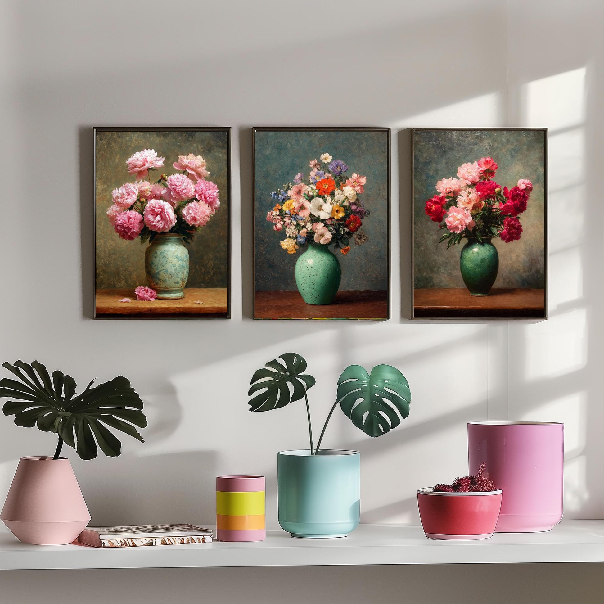 Pink Peony Painting Set of Three Art Prints - 3 Botanical Still Life Posters - Crimson Blooms Green Vase Wall Art Giclee V3