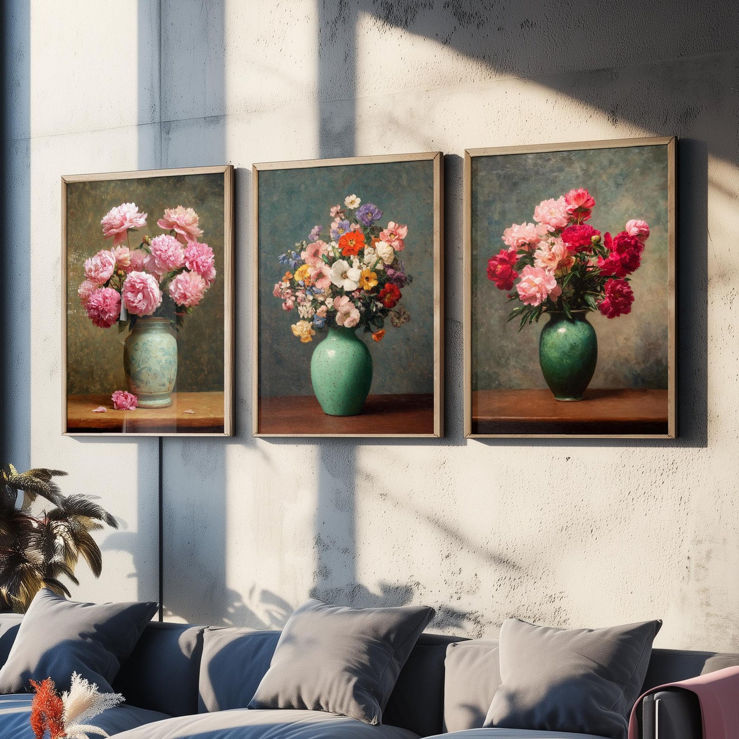 Pink Peony Painting Set of Three Art Prints - 3 Botanical Still Life Posters - Crimson Blooms Green Vase Wall Art Giclee V3