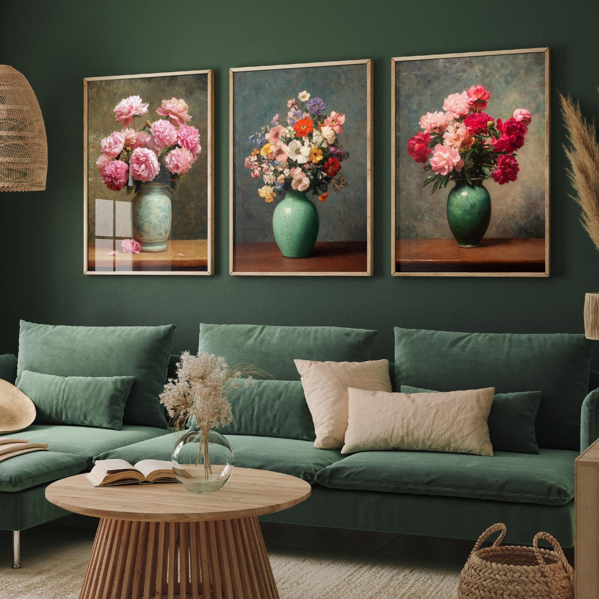 Pink Peony Painting Set of Three Art Prints - 3 Botanical Still Life Posters - Crimson Blooms Green Vase Wall Art Giclee V3