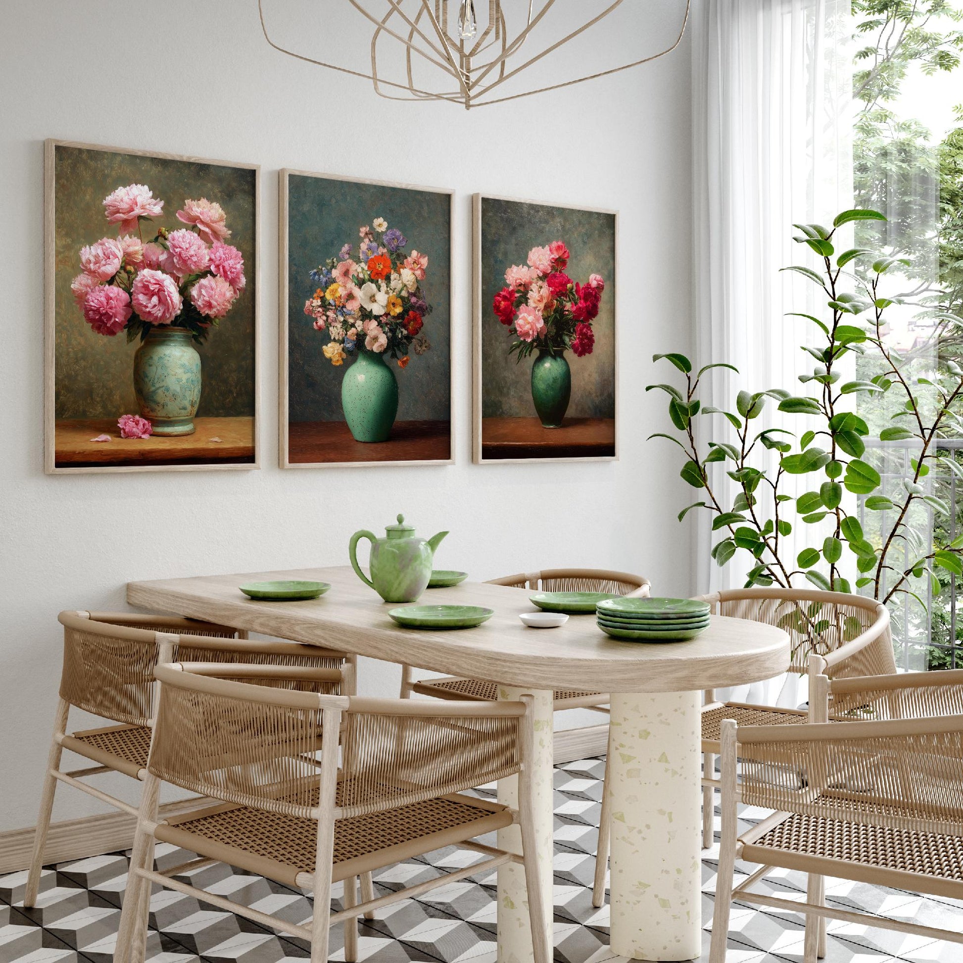Pink Peony Painting Set of Three Art Prints - 3 Botanical Still Life Posters - Crimson Blooms Green Vase Wall Art Giclee V3