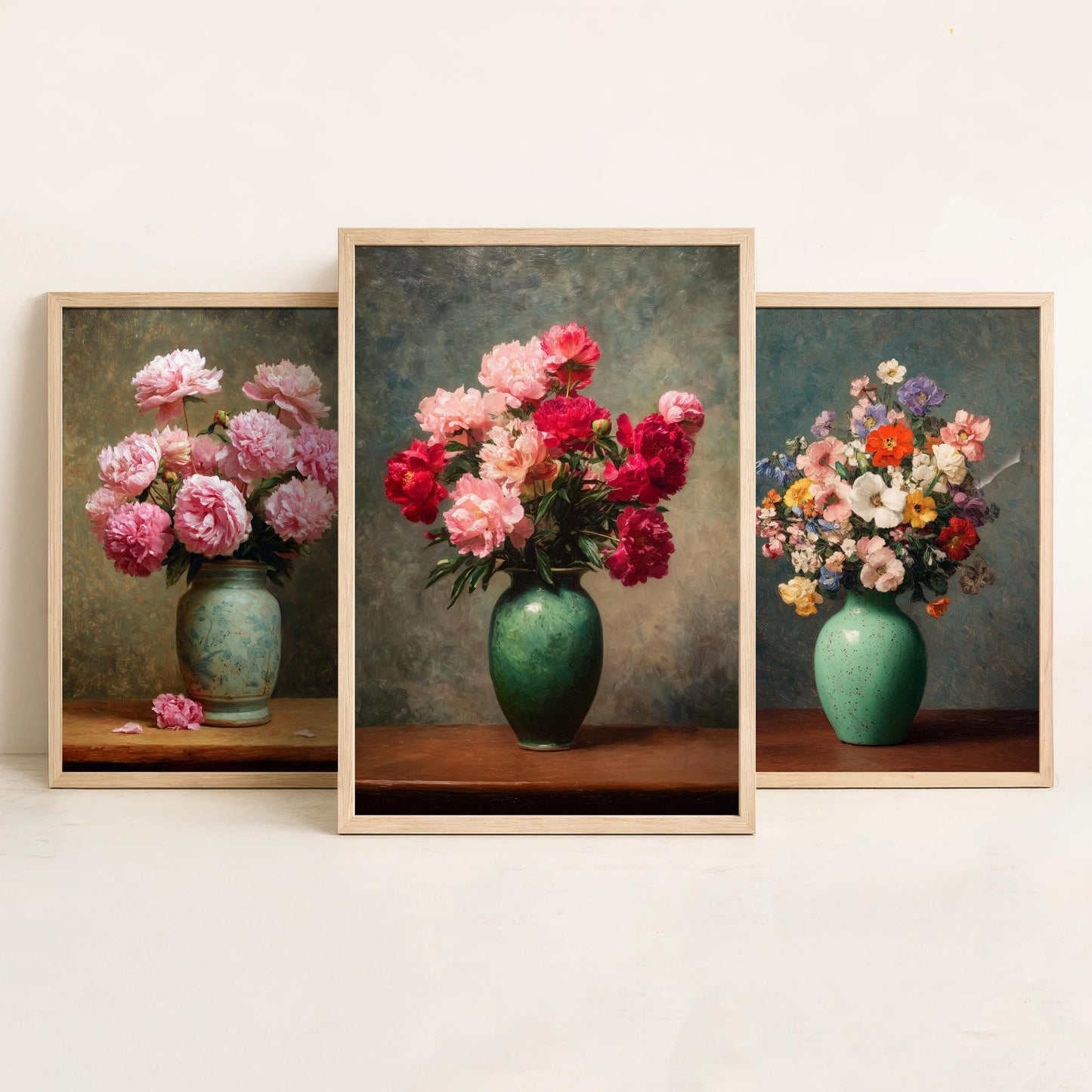 Pink Peony Painting Set of Three Art Prints - 3 Botanical Still Life Posters - Crimson Blooms Green Vase Wall Art Giclee V3