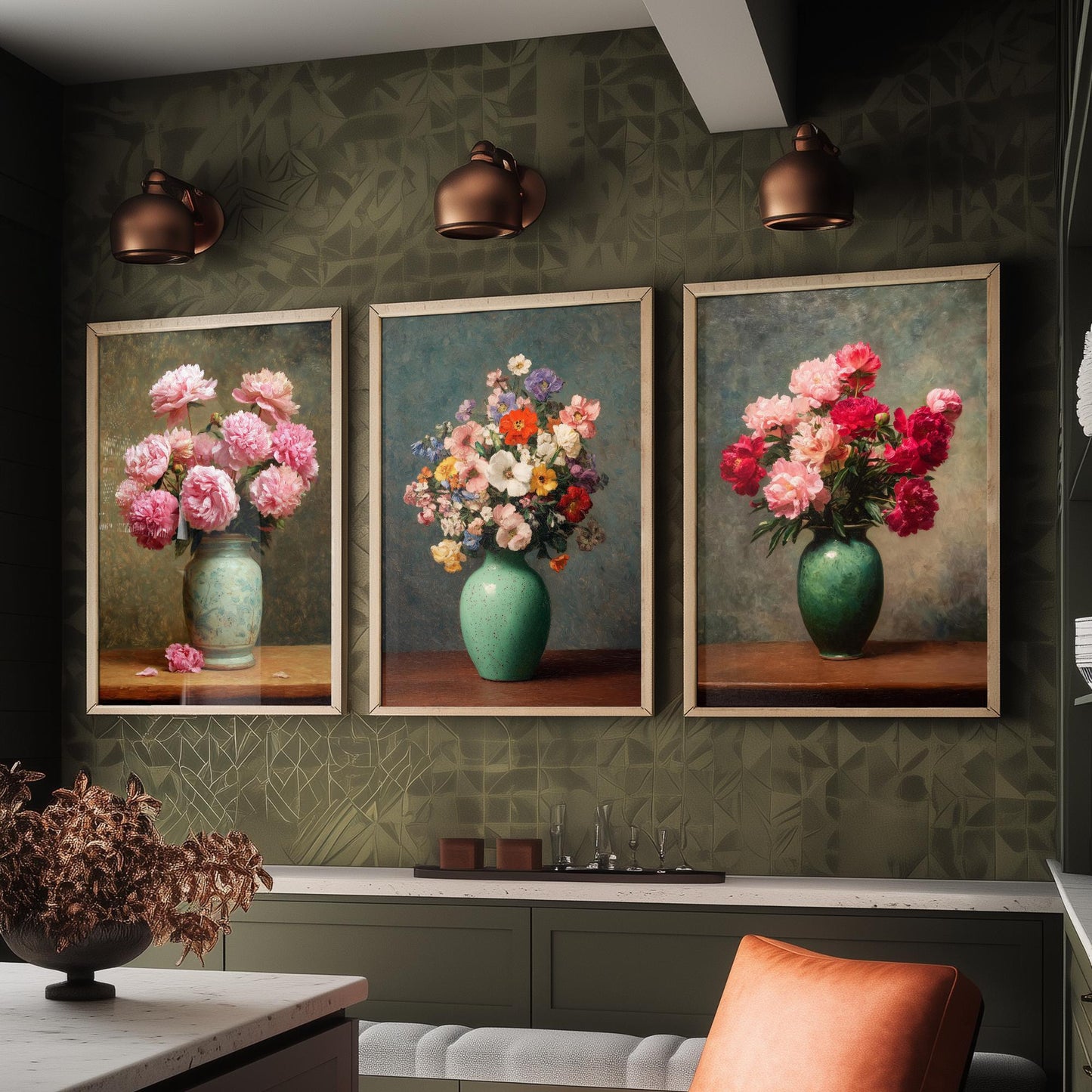 Pink Peony Painting Set of Three Art Prints - 3 Botanical Still Life Posters - Crimson Blooms Green Vase Wall Art Giclee V3