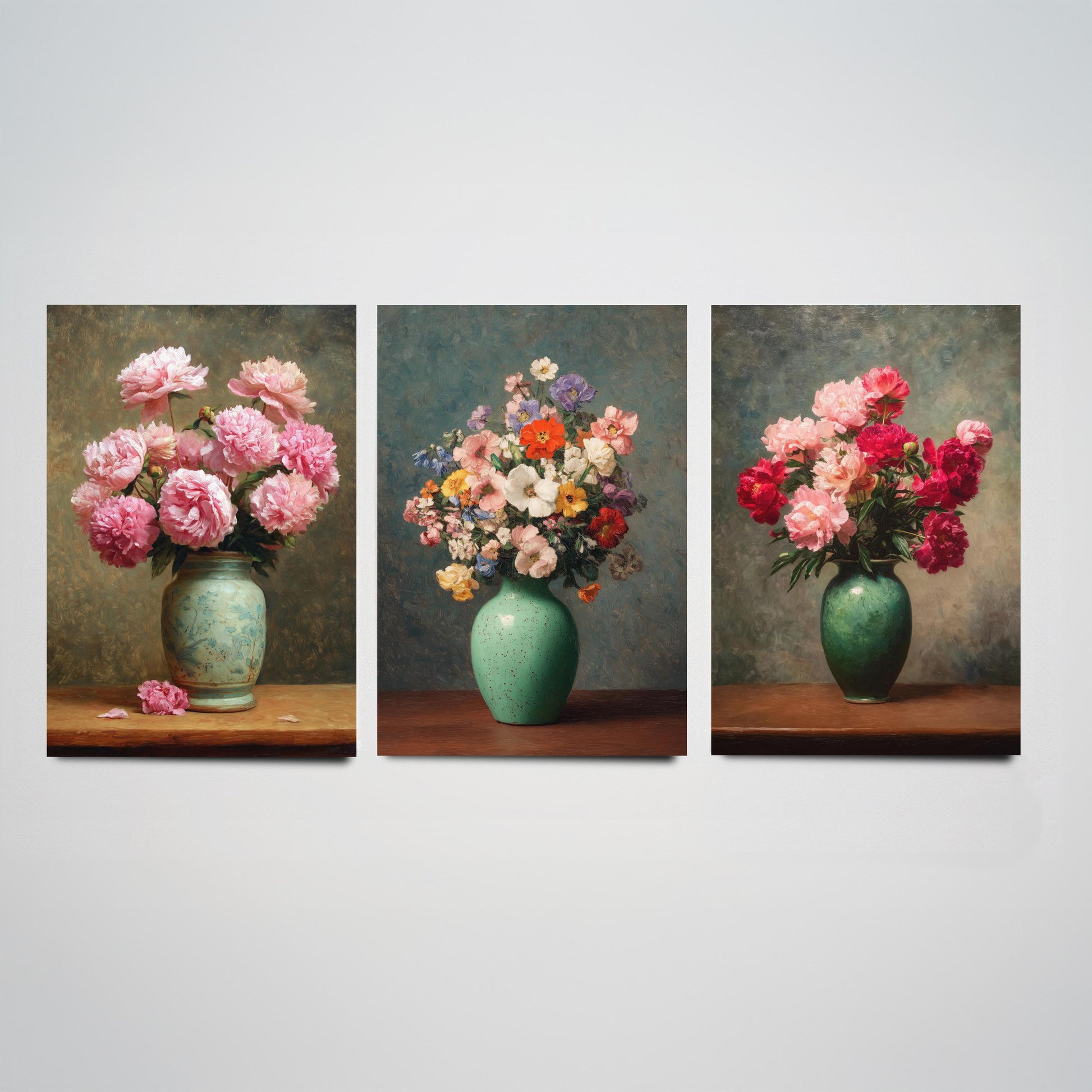 Pink Peony Painting Set of Three Art Prints - 3 Botanical Still Life Posters - Crimson Blooms Green Vase Wall Art Giclee V3
