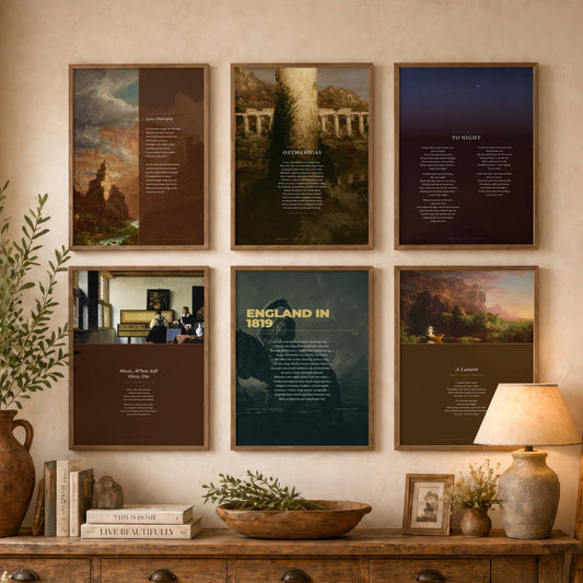 Set of Six Percy Bysshe Shelley Poem Art Prints - Full Poems over Thomas Cole Paintings - Posters - Ozymandias, To Night, Love's Philosophy