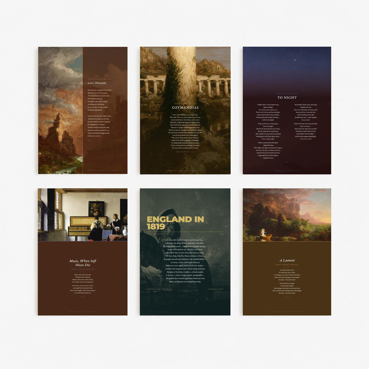 Set of Six Percy Bysshe Shelley Poem Art Prints - Full Poems over Thomas Cole Paintings - Posters - Ozymandias, To Night, Love's Philosophy