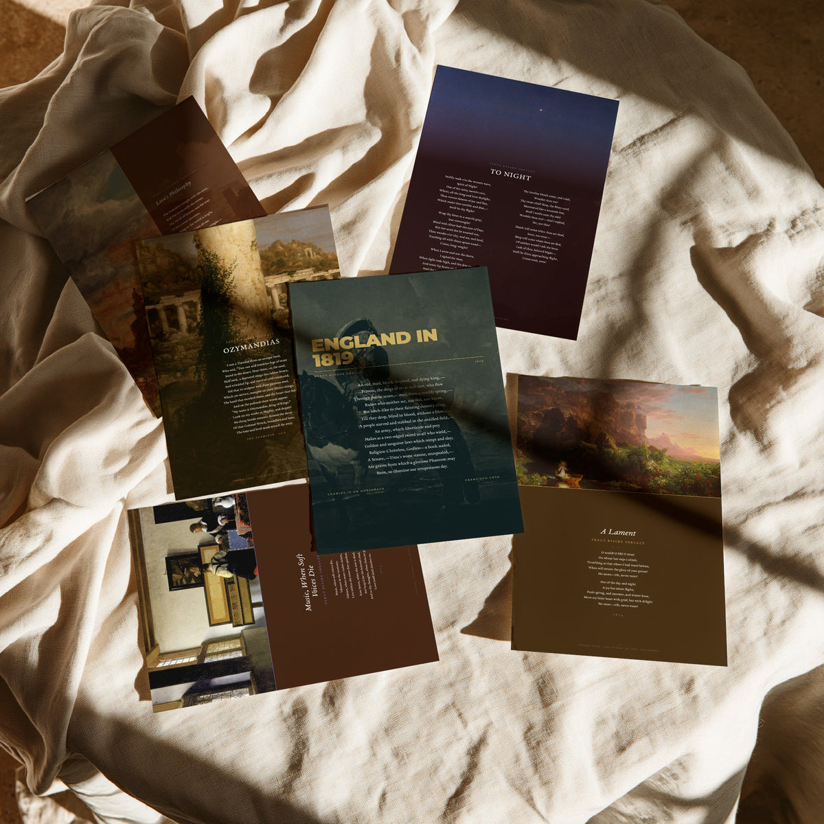 Set of Six Percy Bysshe Shelley Poem Art Prints - Full Poems over Thomas Cole Paintings - Posters - Ozymandias, To Night, Love's Philosophy