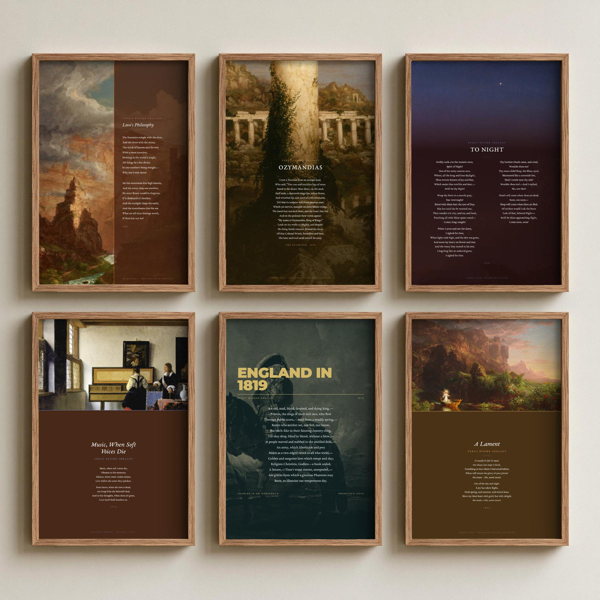 Set of Six Percy Bysshe Shelley Poem Art Prints - Full Poems over Thomas Cole Paintings - Posters - Ozymandias, To Night, Love's Philosophy