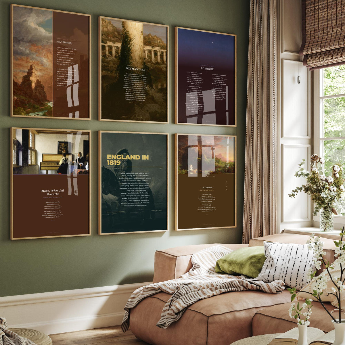 Set of Six Percy Bysshe Shelley Poem Art Prints - Full Poems over Thomas Cole Paintings - Posters - Ozymandias, To Night, Love's Philosophy