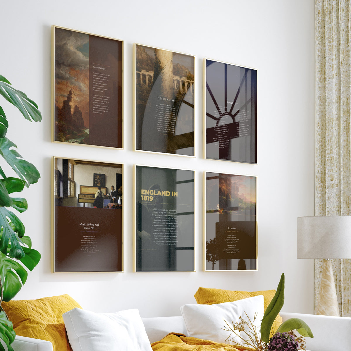 Set of Six Percy Bysshe Shelley Poem Art Prints - Full Poems over Thomas Cole Paintings - Posters - Ozymandias, To Night, Love's Philosophy