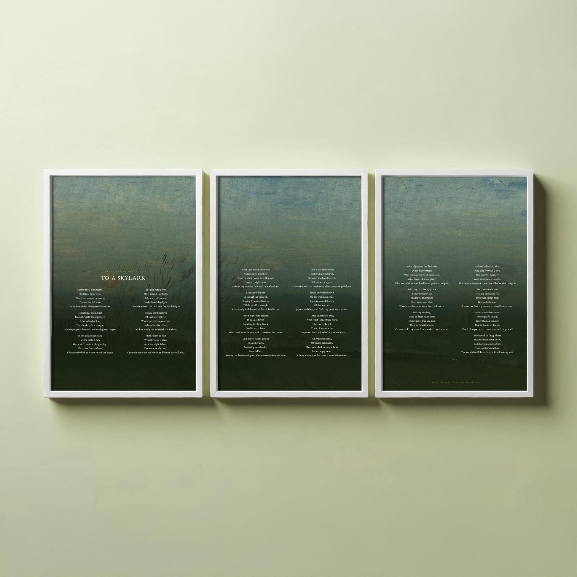 To a Skylark by Percy Bysshe Shelley Set of Three Art Prints - Full Poem over Van Gogh Sunset in Montmartre Painting - Poetry Poster Decor