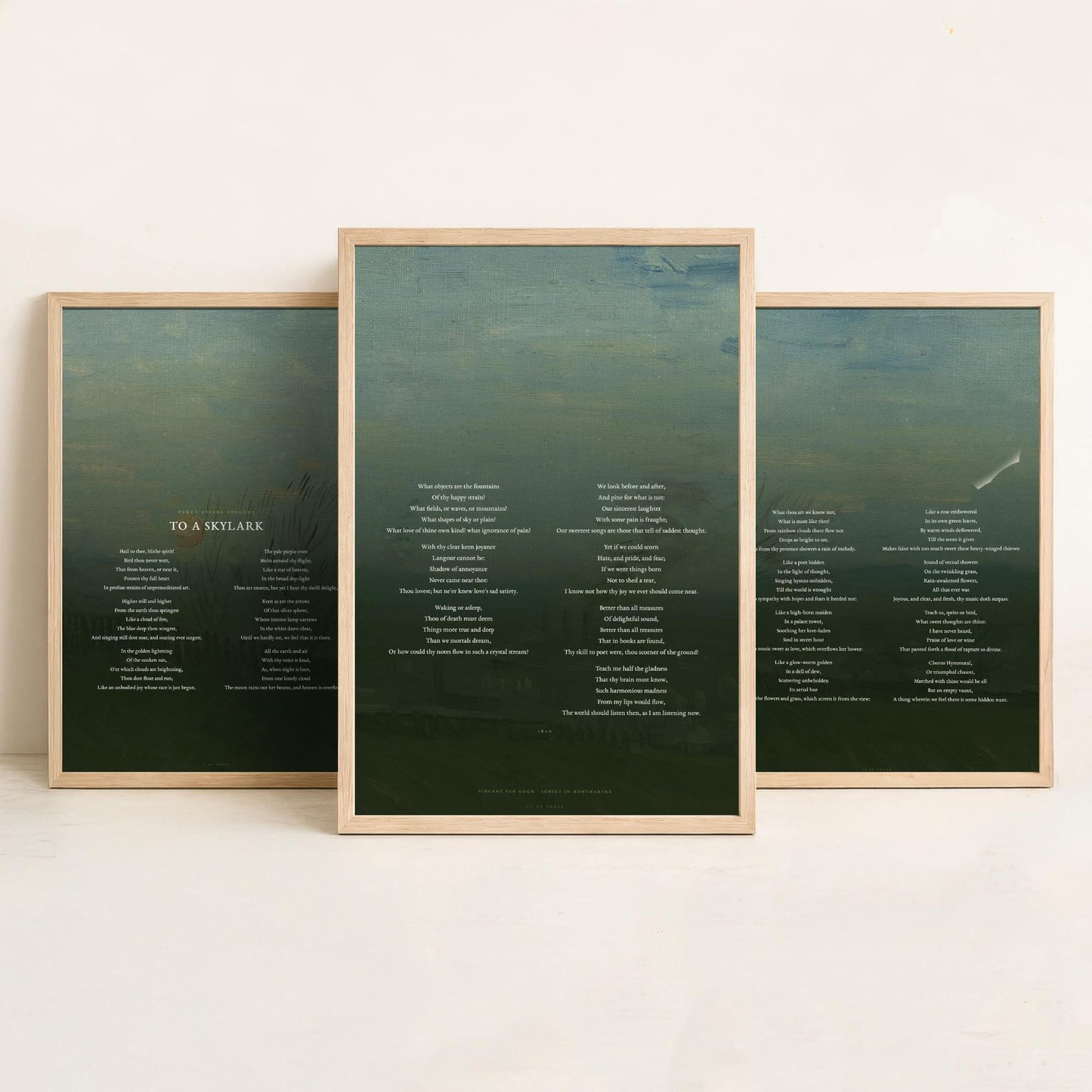 To a Skylark by Percy Bysshe Shelley Set of Three Art Prints - Full Poem over Van Gogh Sunset in Montmartre Painting - Poetry Poster Decor