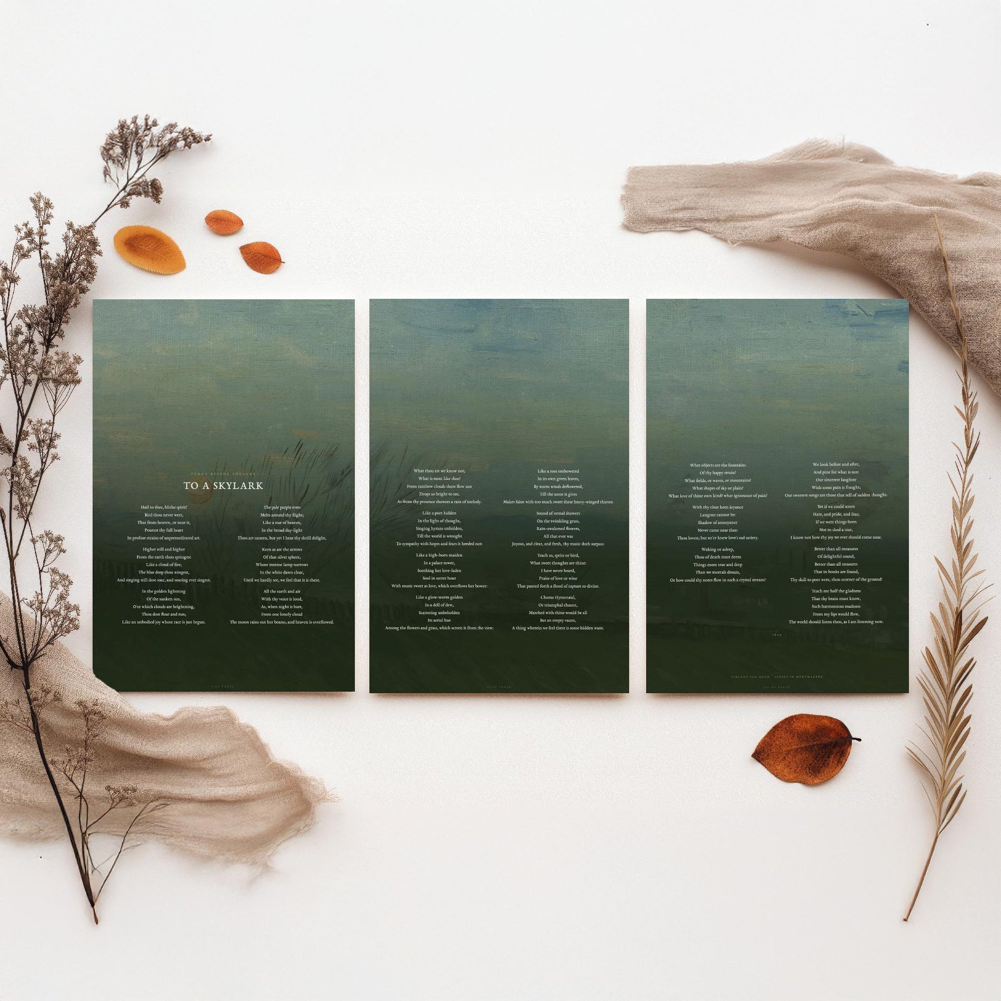 To a Skylark by Percy Bysshe Shelley Set of Three Art Prints - Full Poem over Van Gogh Sunset in Montmartre Painting - Poetry Poster Decor