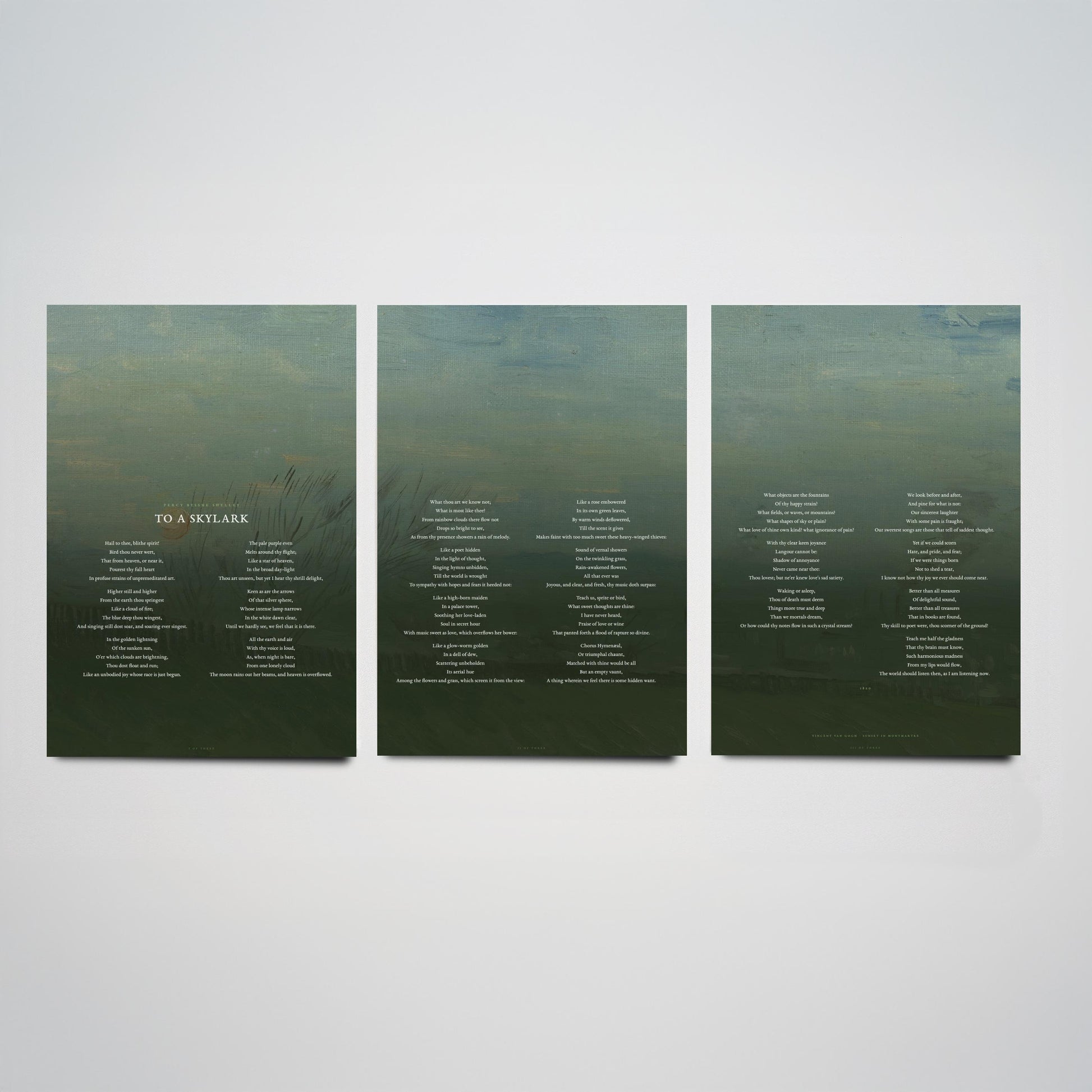 To a Skylark by Percy Bysshe Shelley Set of Three Art Prints - Full Poem over Van Gogh Sunset in Montmartre Painting - Poetry Poster Decor