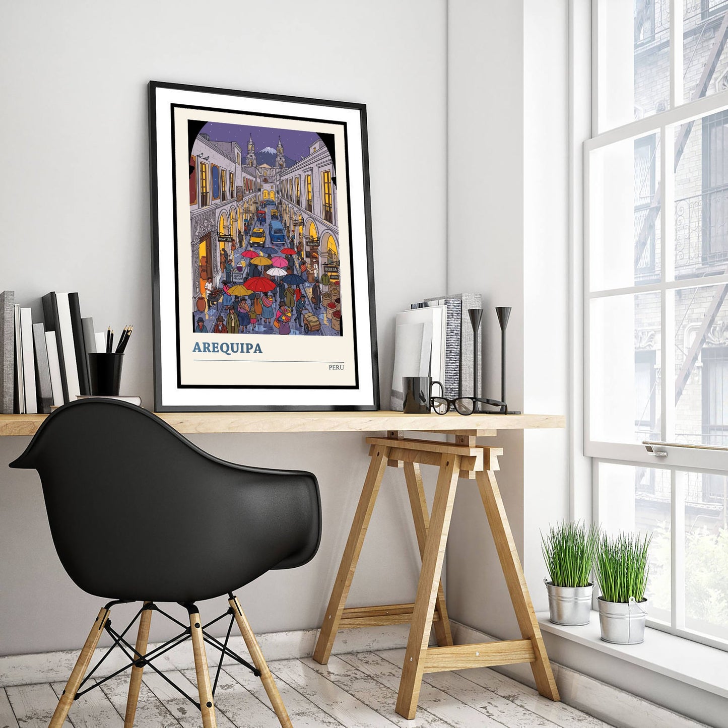 Arequipa Peru Travel Poster - White City Art Print - Rainy Street Folk Illustration - El Misti Volcano Andes 1/3