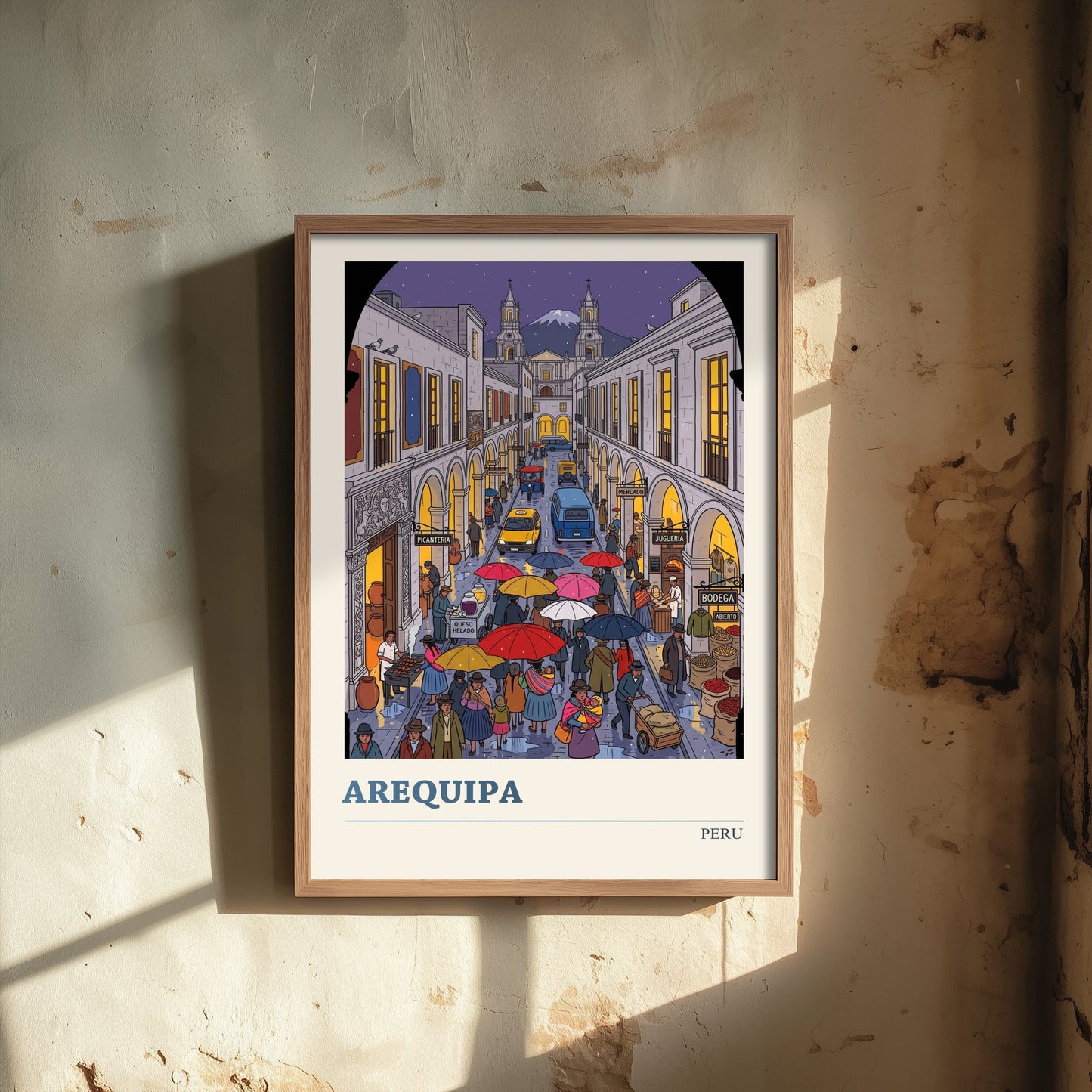 Arequipa Peru Travel Poster - White City Art Print - Rainy Street Folk Illustration - El Misti Volcano Andes 1/3