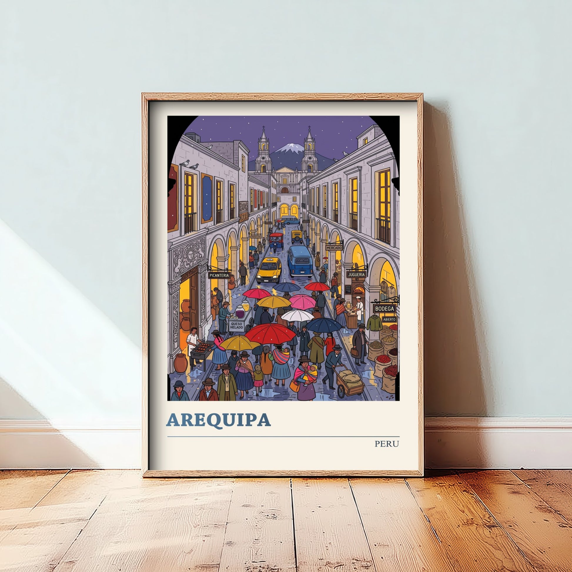 Arequipa Peru Travel Poster - White City Art Print - Rainy Street Folk Illustration - El Misti Volcano Andes 1/3