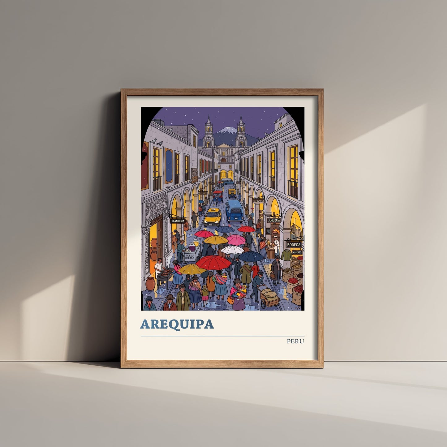Arequipa Peru Travel Poster - White City Art Print - Rainy Street Folk Illustration - El Misti Volcano Andes 1/3