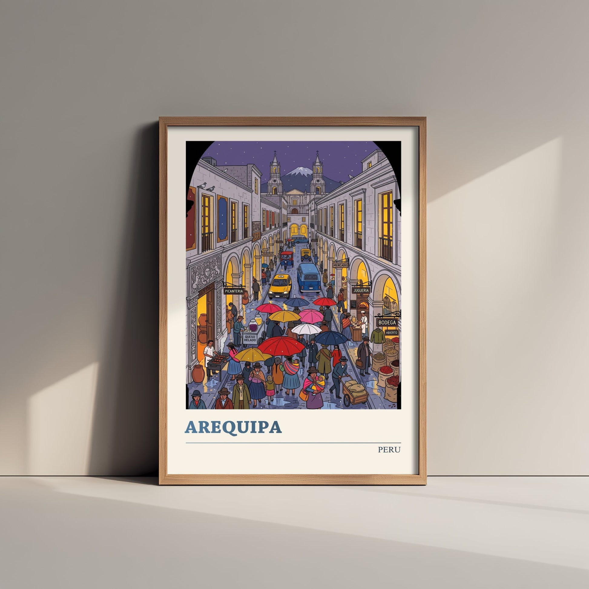 Arequipa Peru Travel Poster - White City Art Print - Rainy Street Folk Illustration - El Misti Volcano Andes 1/3