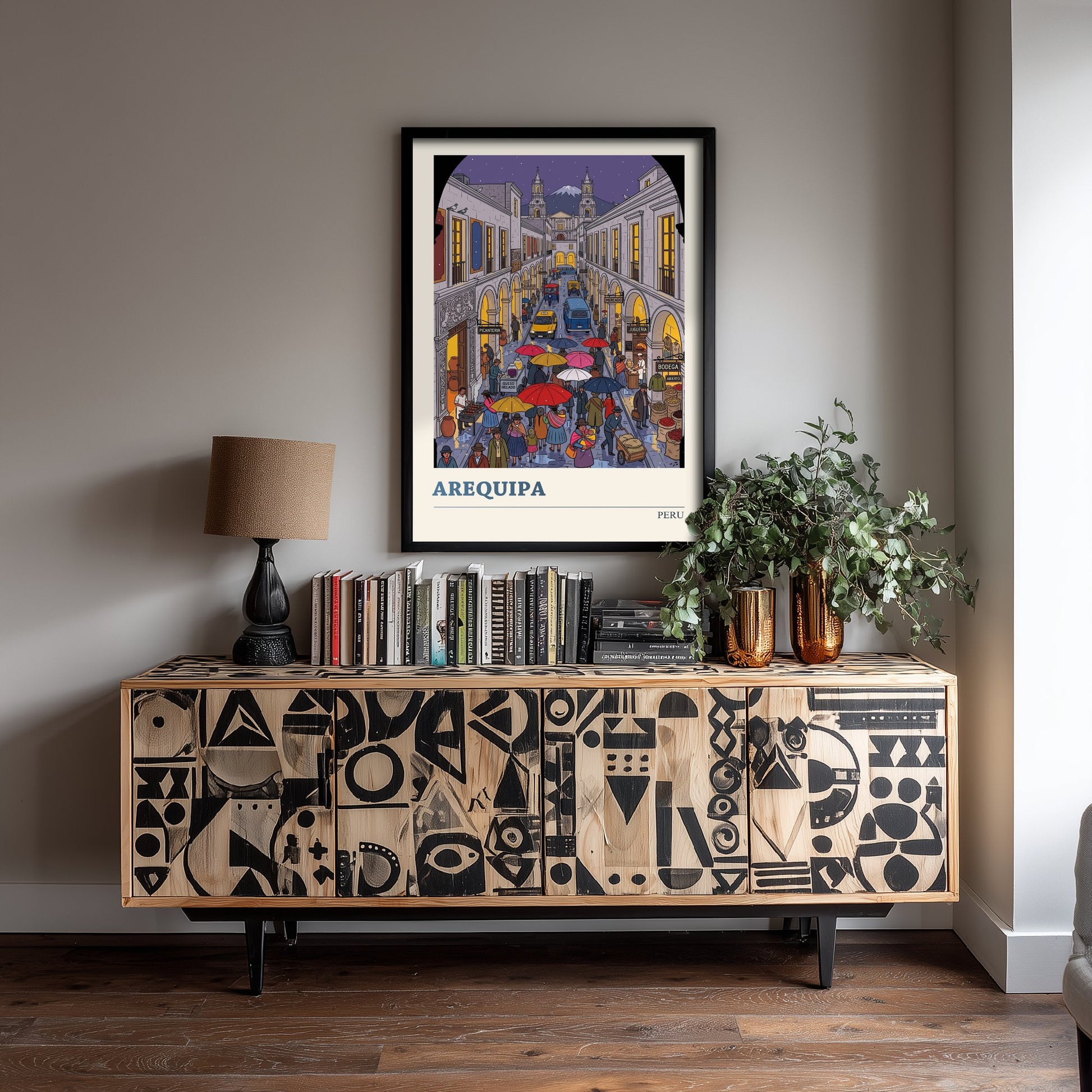 Arequipa Peru Travel Poster - White City Art Print - Rainy Street Folk Illustration - El Misti Volcano Andes 1/3