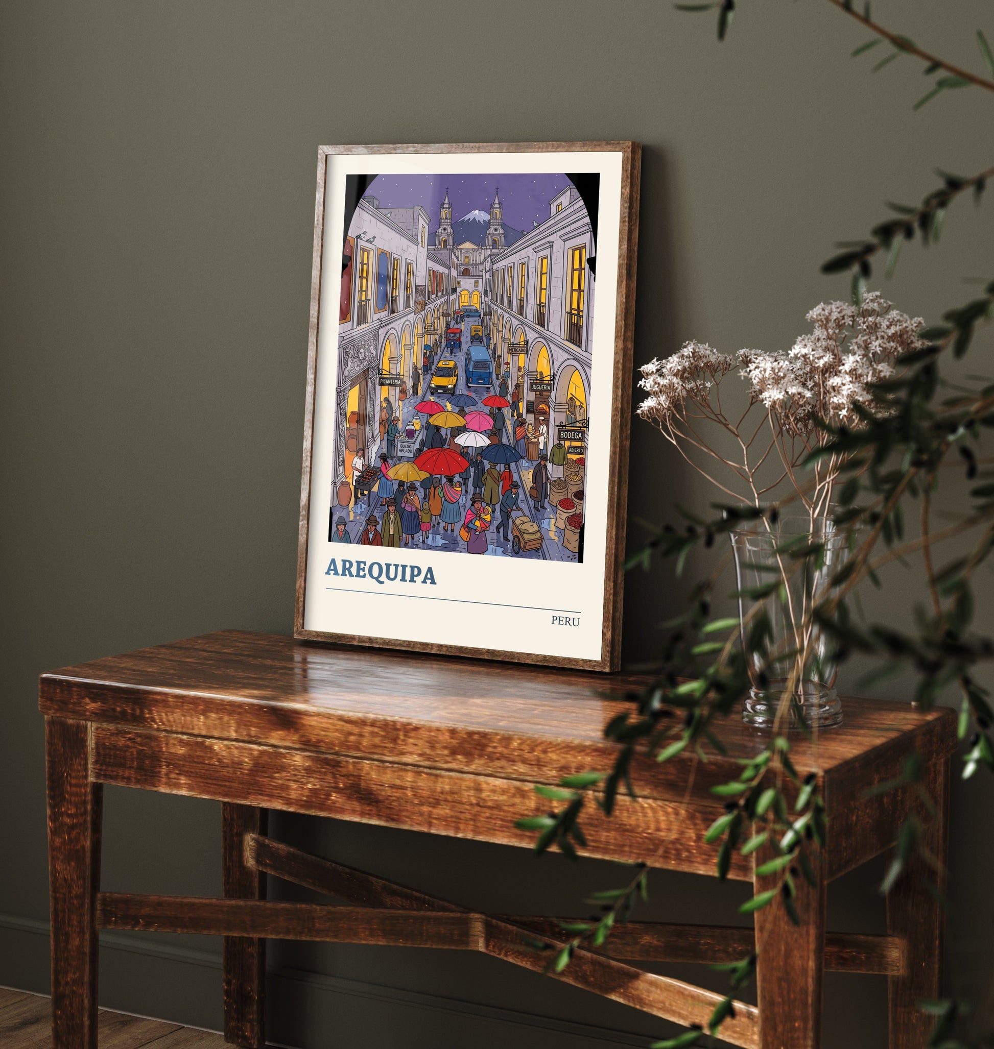 Arequipa Peru Travel Poster - White City Art Print - Rainy Street Folk Illustration - El Misti Volcano Andes 1/3