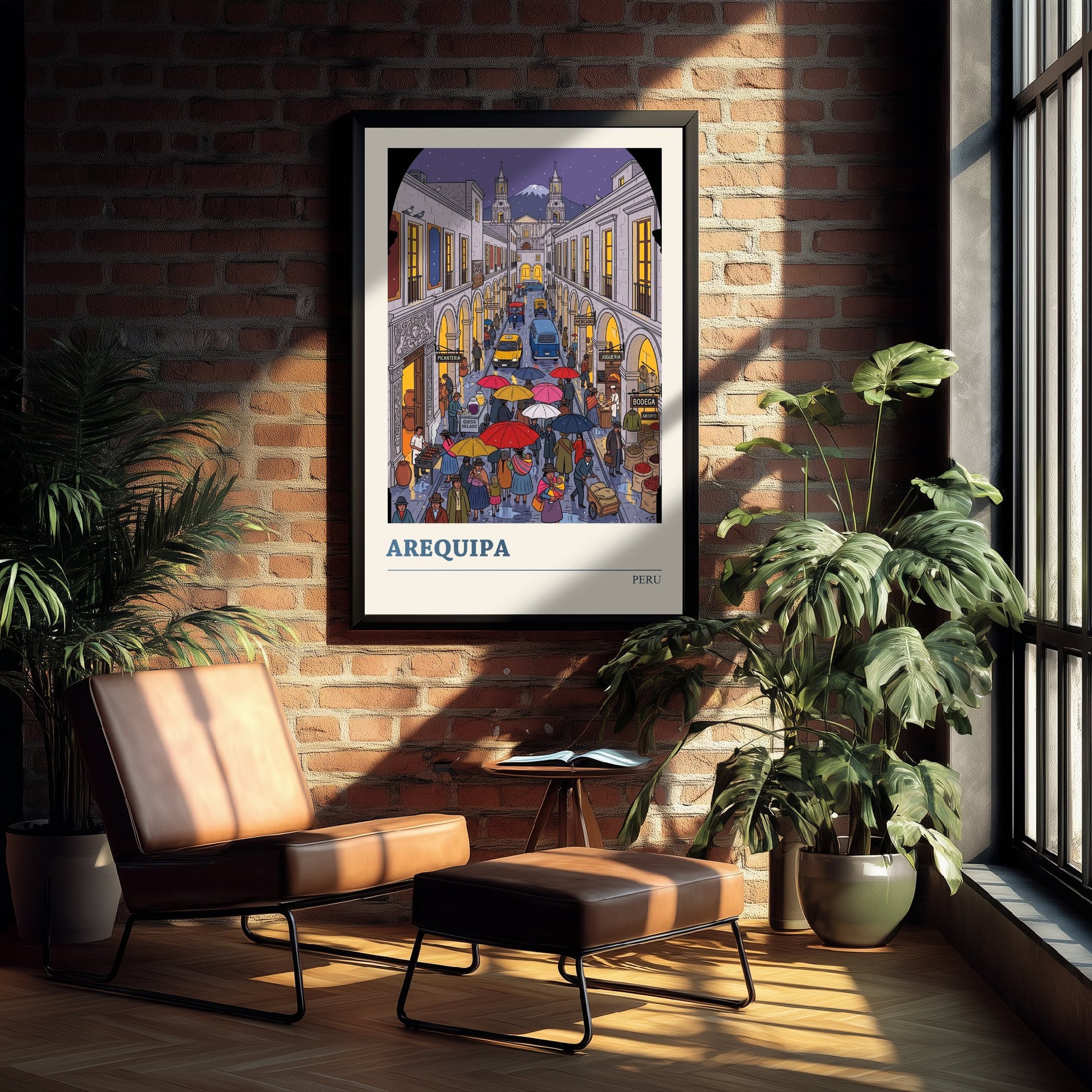 Arequipa Peru Travel Poster - White City Art Print - Rainy Street Folk Illustration - El Misti Volcano Andes 1/3