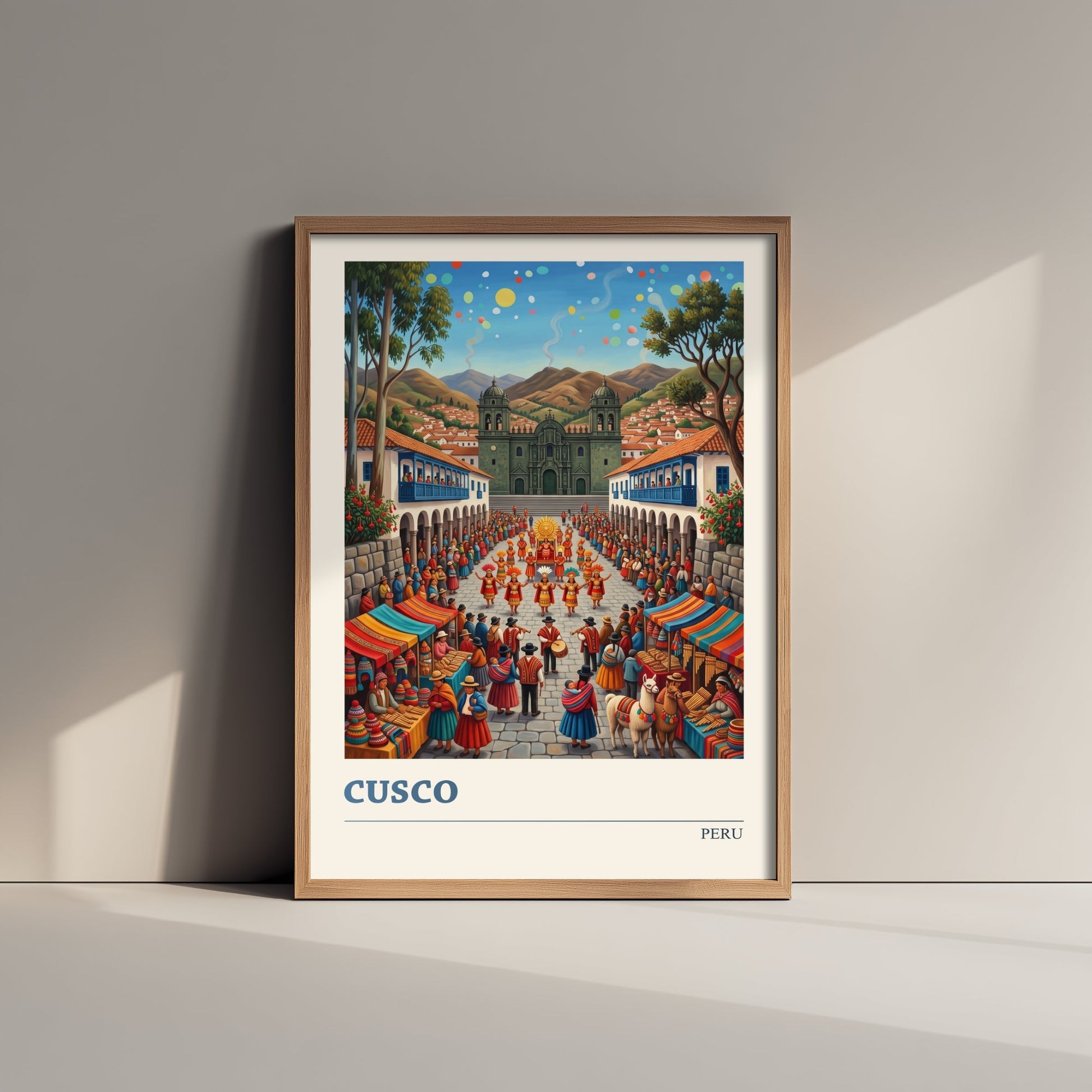 Cusco Peru Travel Poster - Plaza de Armas Festival Art Print - Inti Raymi Folk Illustration - Andes and Llamas 2/3
