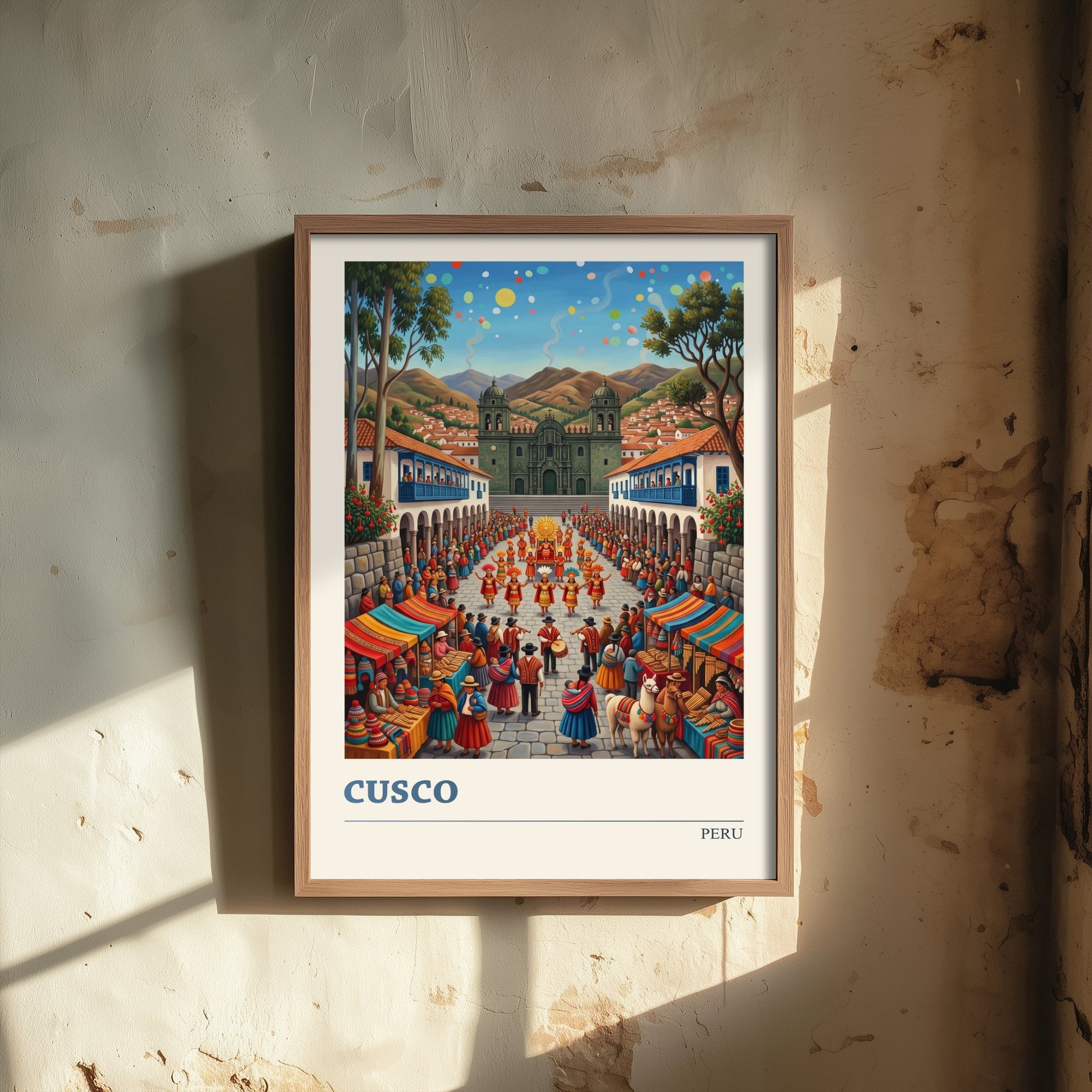 Cusco Peru Travel Poster - Plaza de Armas Festival Art Print - Inti Raymi Folk Illustration - Andes and Llamas 2/3