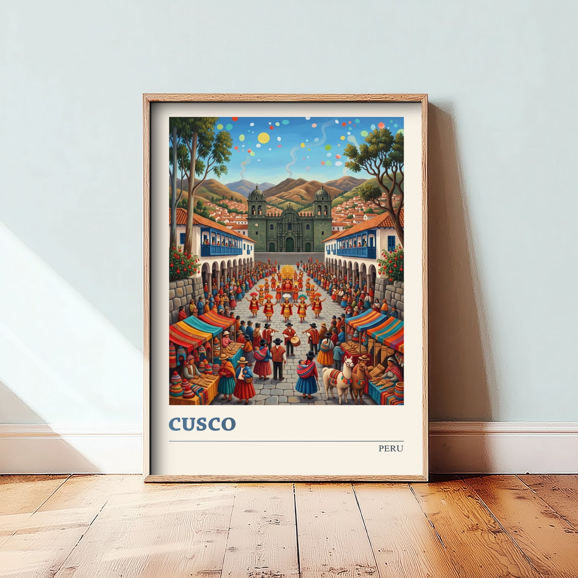 Cusco Peru Travel Poster - Plaza de Armas Festival Art Print - Inti Raymi Folk Illustration - Andes and Llamas 2/3