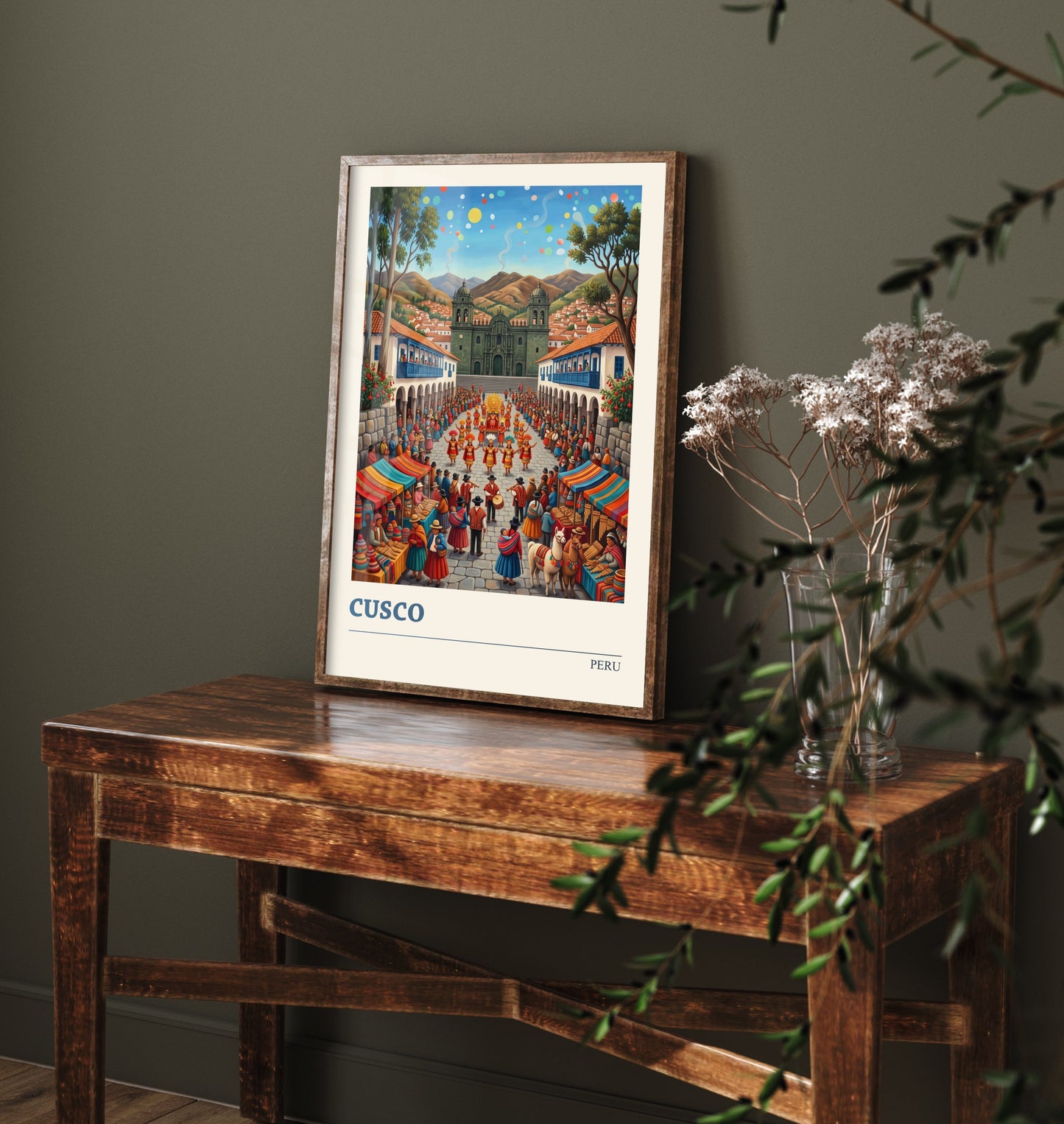 Cusco Peru Travel Poster - Plaza de Armas Festival Art Print - Inti Raymi Folk Illustration - Andes and Llamas 2/3