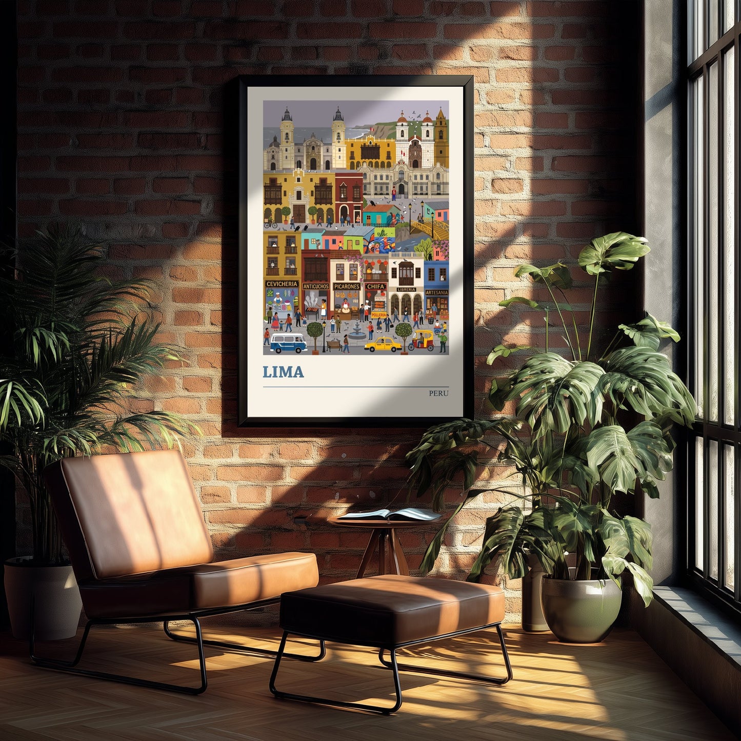 Lima Peru Travel Poster - Historic City Art Print - Cevicheria Street Folk Illustration - Colonial Balconies Coast 3/3