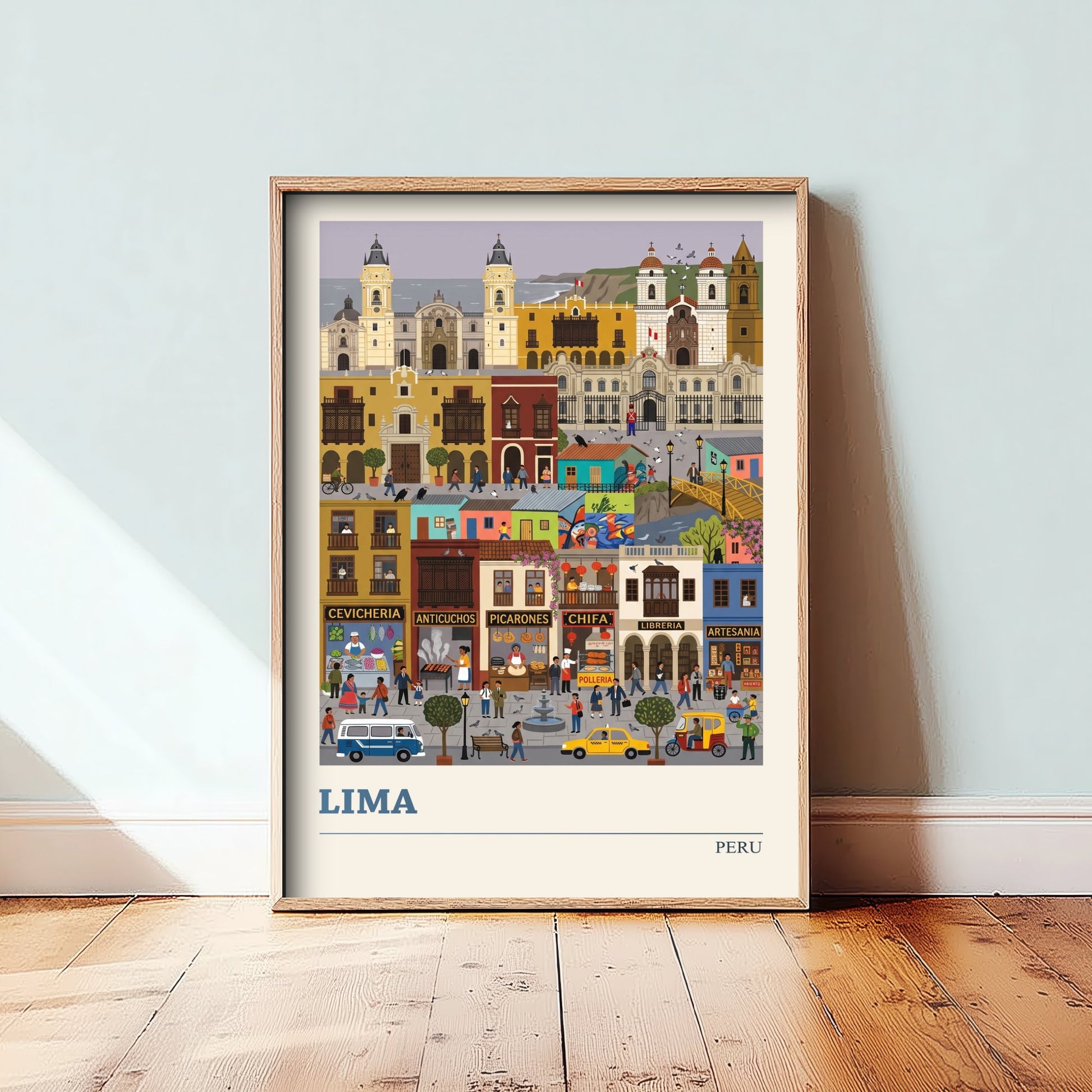Lima Peru Travel Poster - Historic City Art Print - Cevicheria Street Folk Illustration - Colonial Balconies Coast 3/3