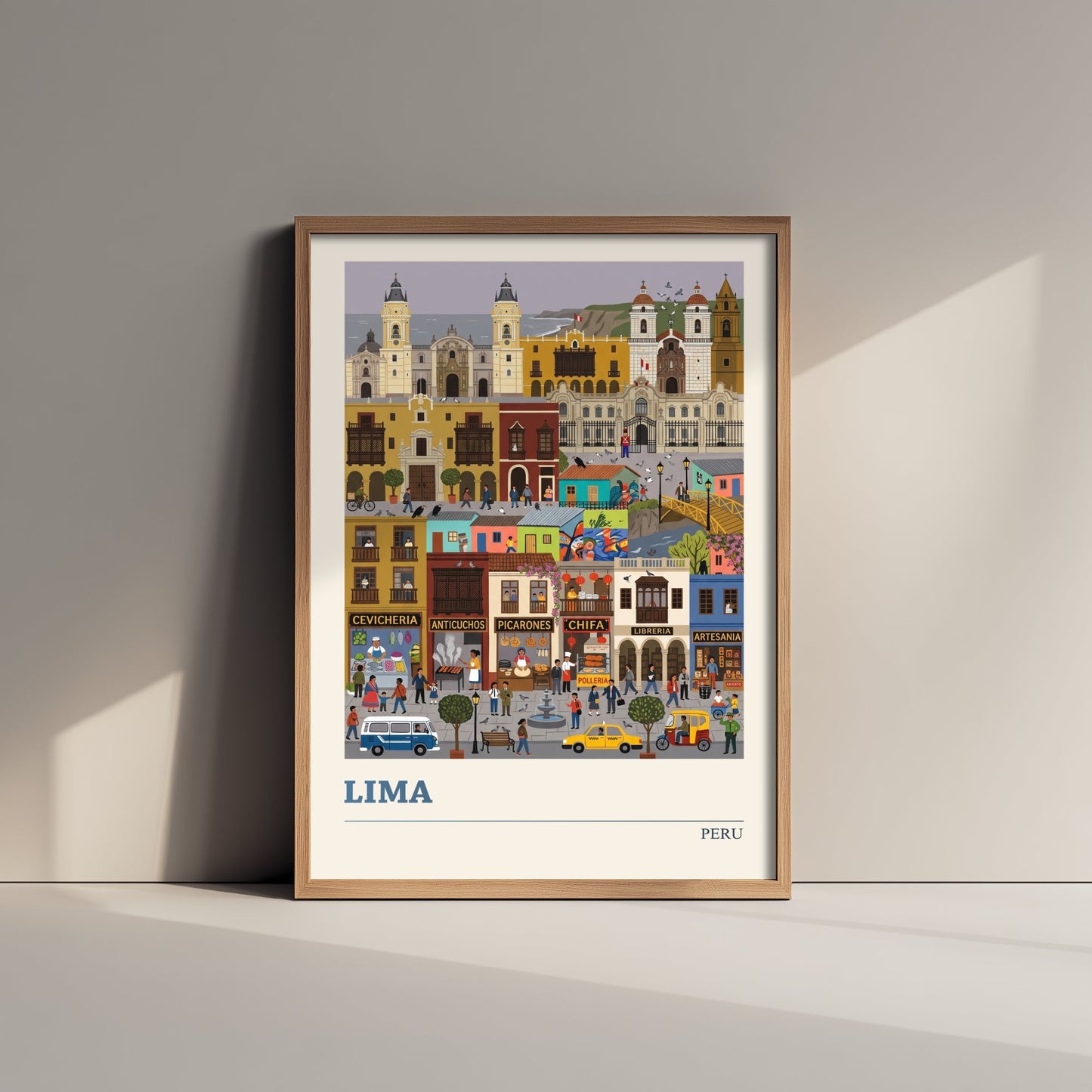 Lima Peru Travel Poster - Historic City Art Print - Cevicheria Street Folk Illustration - Colonial Balconies Coast 3/3