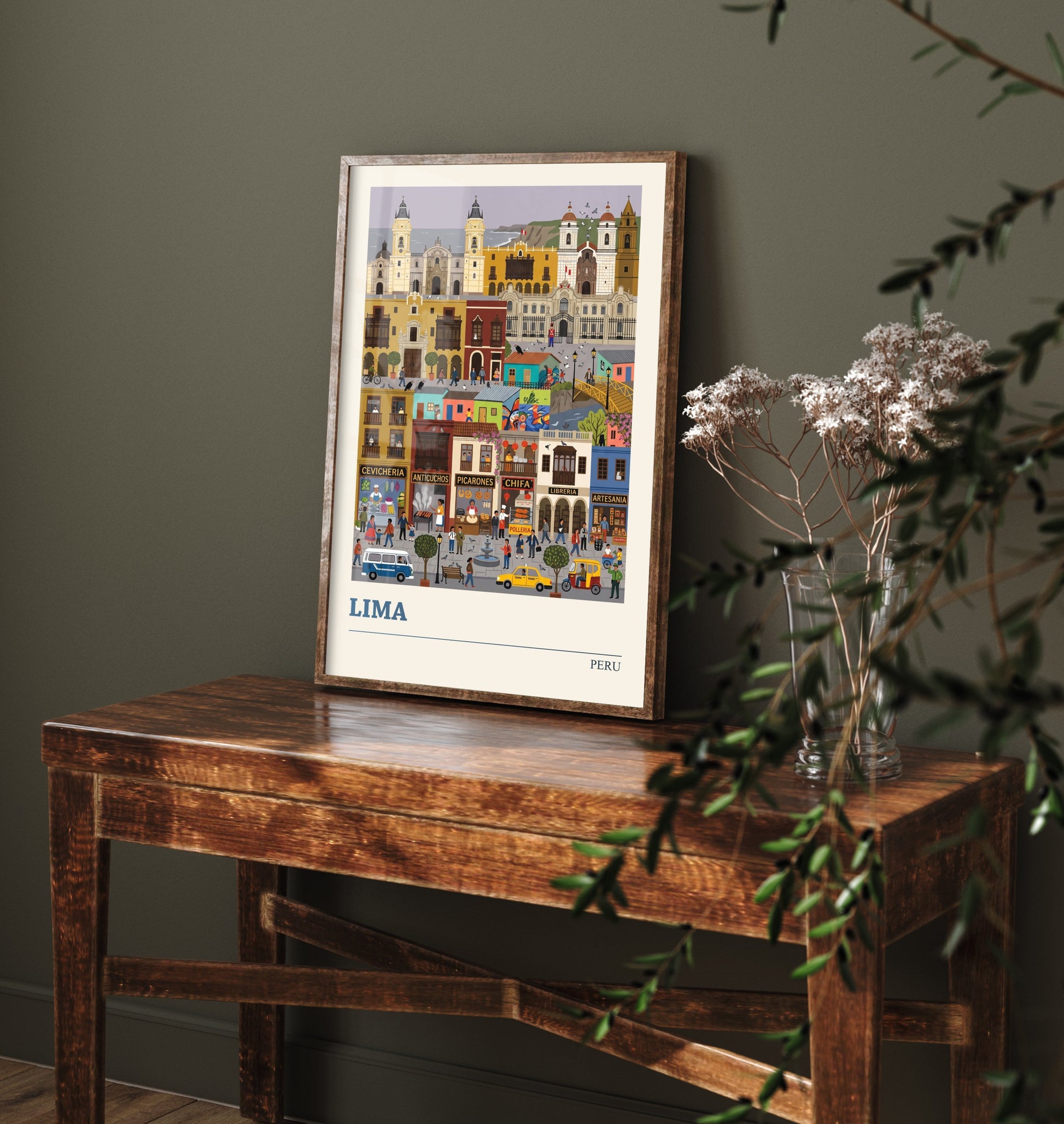 Lima Peru Travel Poster - Historic City Art Print - Cevicheria Street Folk Illustration - Colonial Balconies Coast 3/3