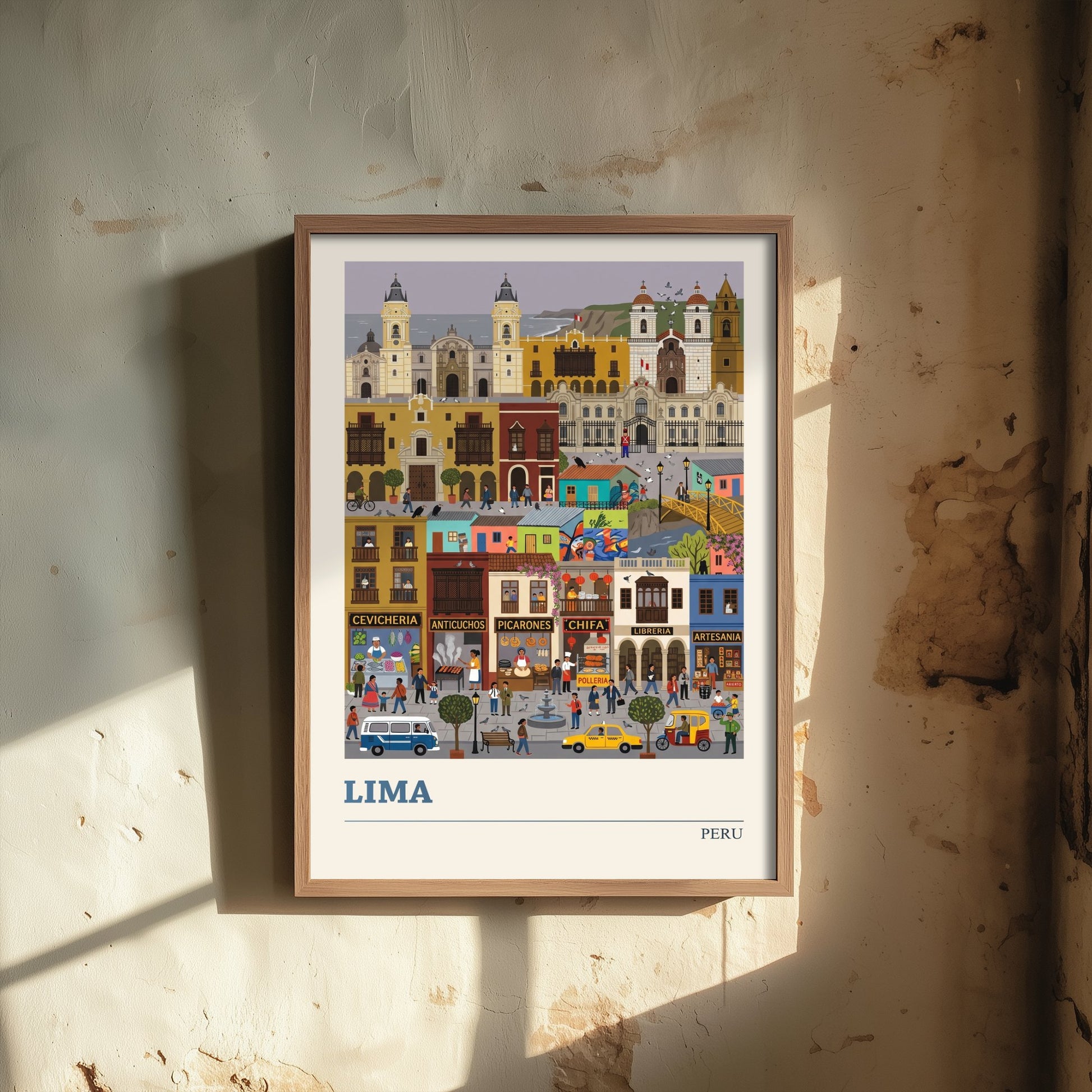Lima Peru Travel Poster - Historic City Art Print - Cevicheria Street Folk Illustration - Colonial Balconies Coast 3/3