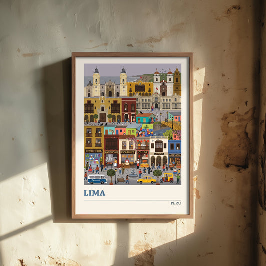 Lima Peru Travel Poster - Historic City Art Print - Cevicheria Street Folk Illustration - Colonial Balconies Coast 3/3