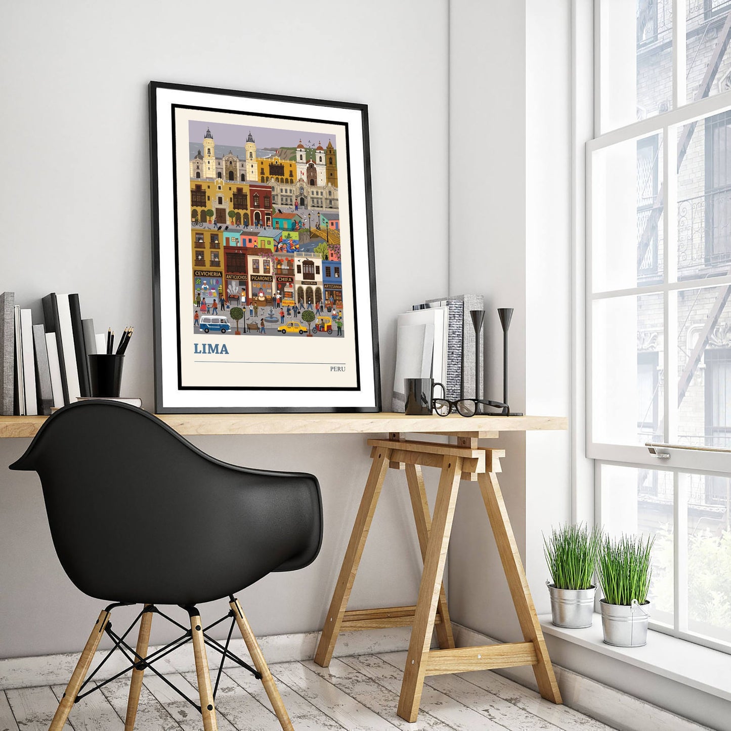 Lima Peru Travel Poster - Historic City Art Print - Cevicheria Street Folk Illustration - Colonial Balconies Coast 3/3