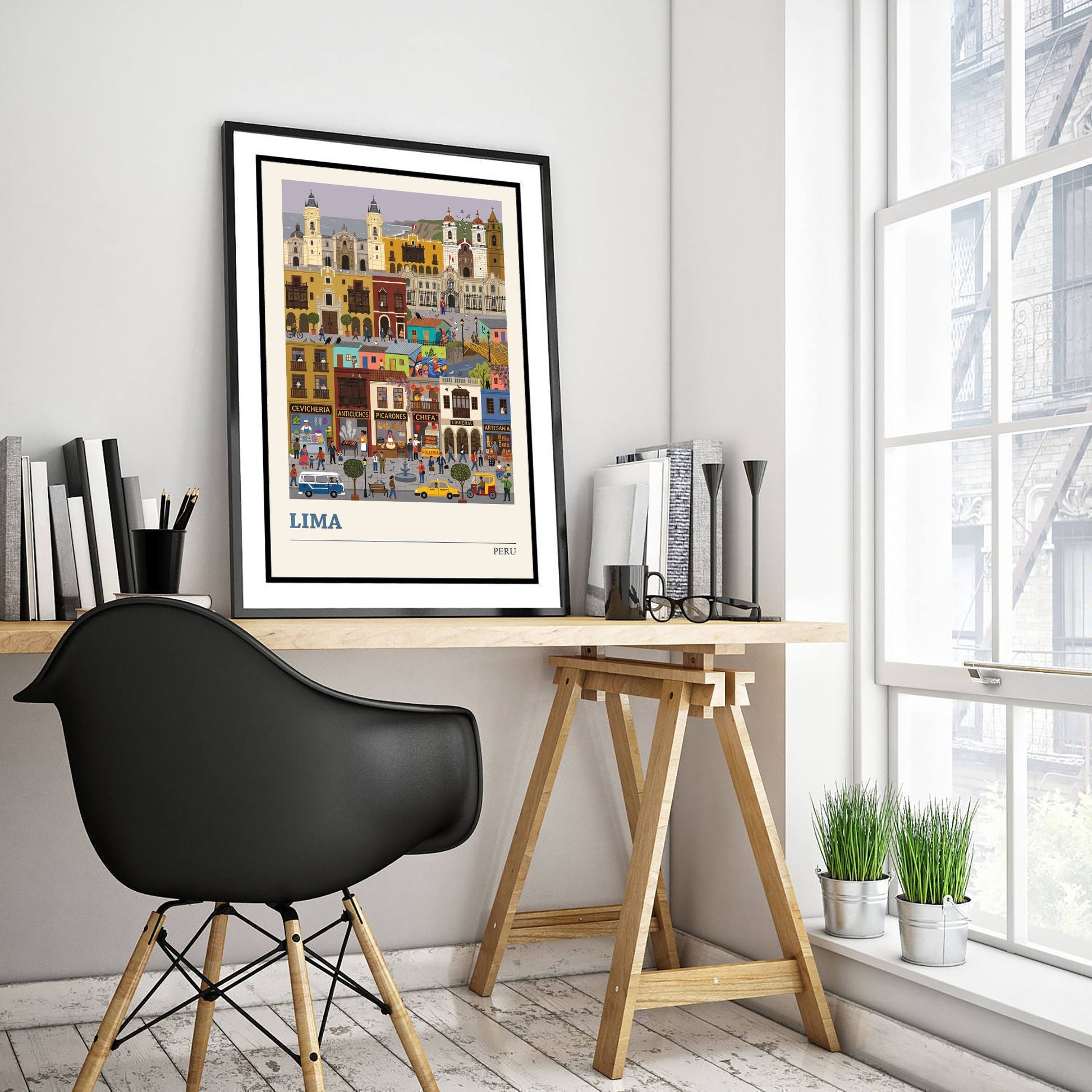 Lima Peru Travel Poster - Historic City Art Print - Cevicheria Street Folk Illustration - Colonial Balconies Coast 3/3