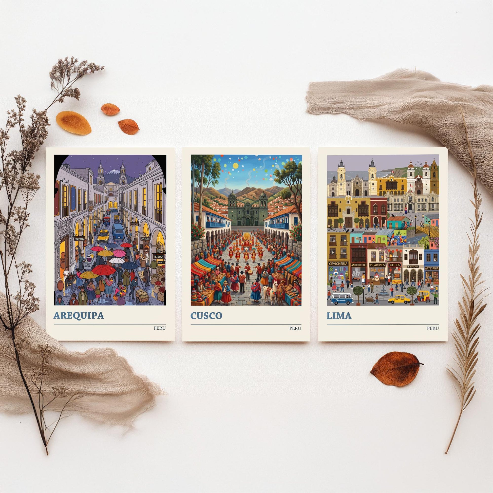 Peru Set of Three Art Prints - Arequipa, Cusco, Lima - 3 Colourful Folk Illustration Travel Posters - Peruvian Cities Painting