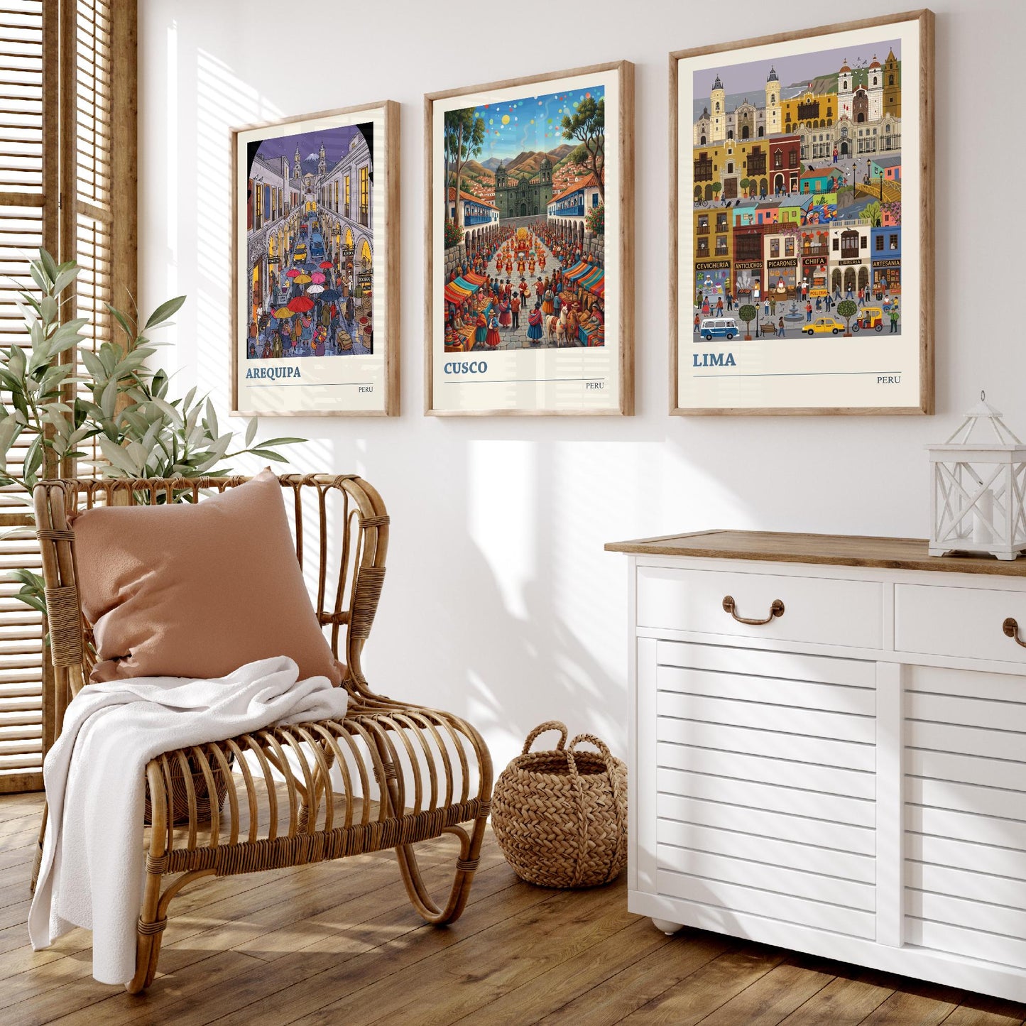 Peru Set of Three Art Prints - Arequipa, Cusco, Lima - 3 Colourful Folk Illustration Travel Posters - Peruvian Cities Painting