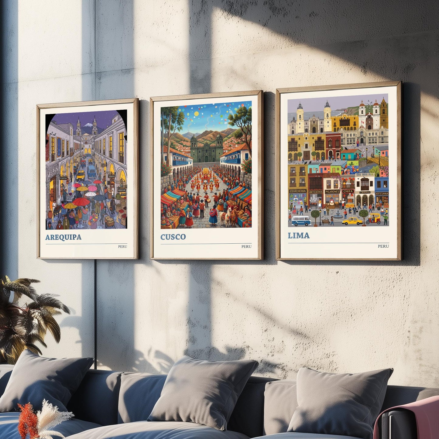 Peru Set of Three Art Prints - Arequipa, Cusco, Lima - 3 Colourful Folk Illustration Travel Posters - Peruvian Cities Painting