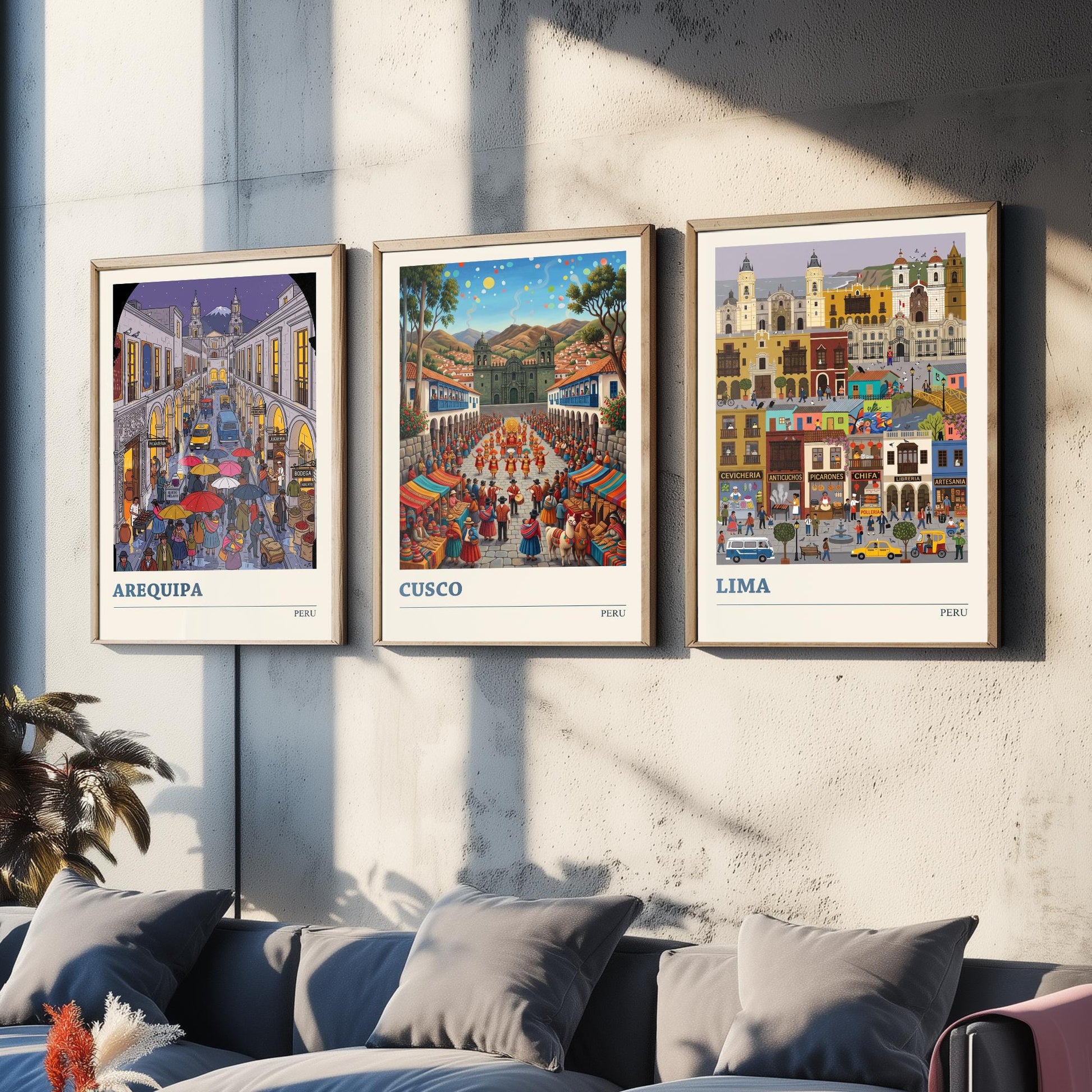 Peru Set of Three Art Prints - Arequipa, Cusco, Lima - 3 Colourful Folk Illustration Travel Posters - Peruvian Cities Painting